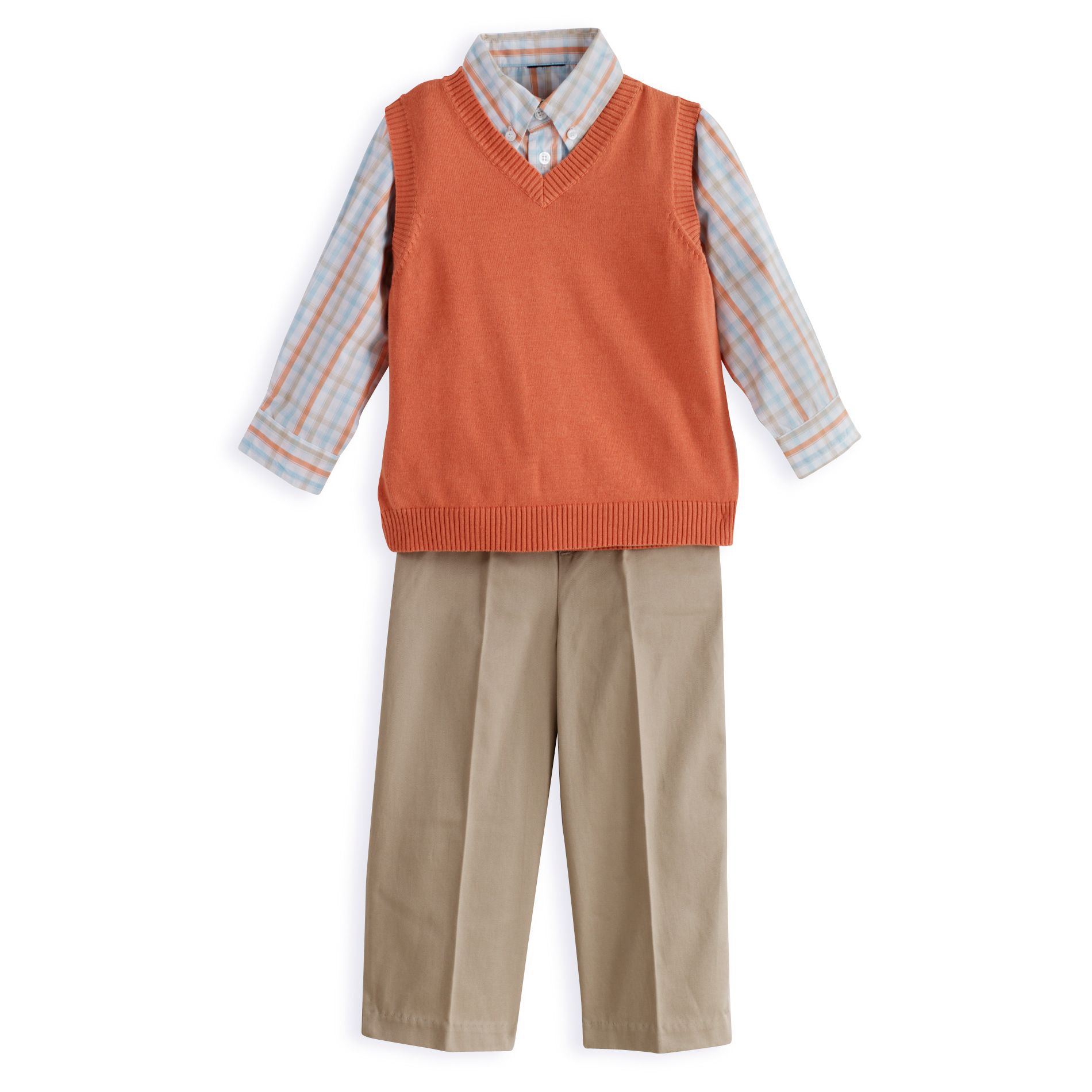Mark Jason Toddler Boy&#39;s 3 Piece Toddler Sweater Set; Solid Sweater Vest, Long Sleeve Woven Shirt, Pant