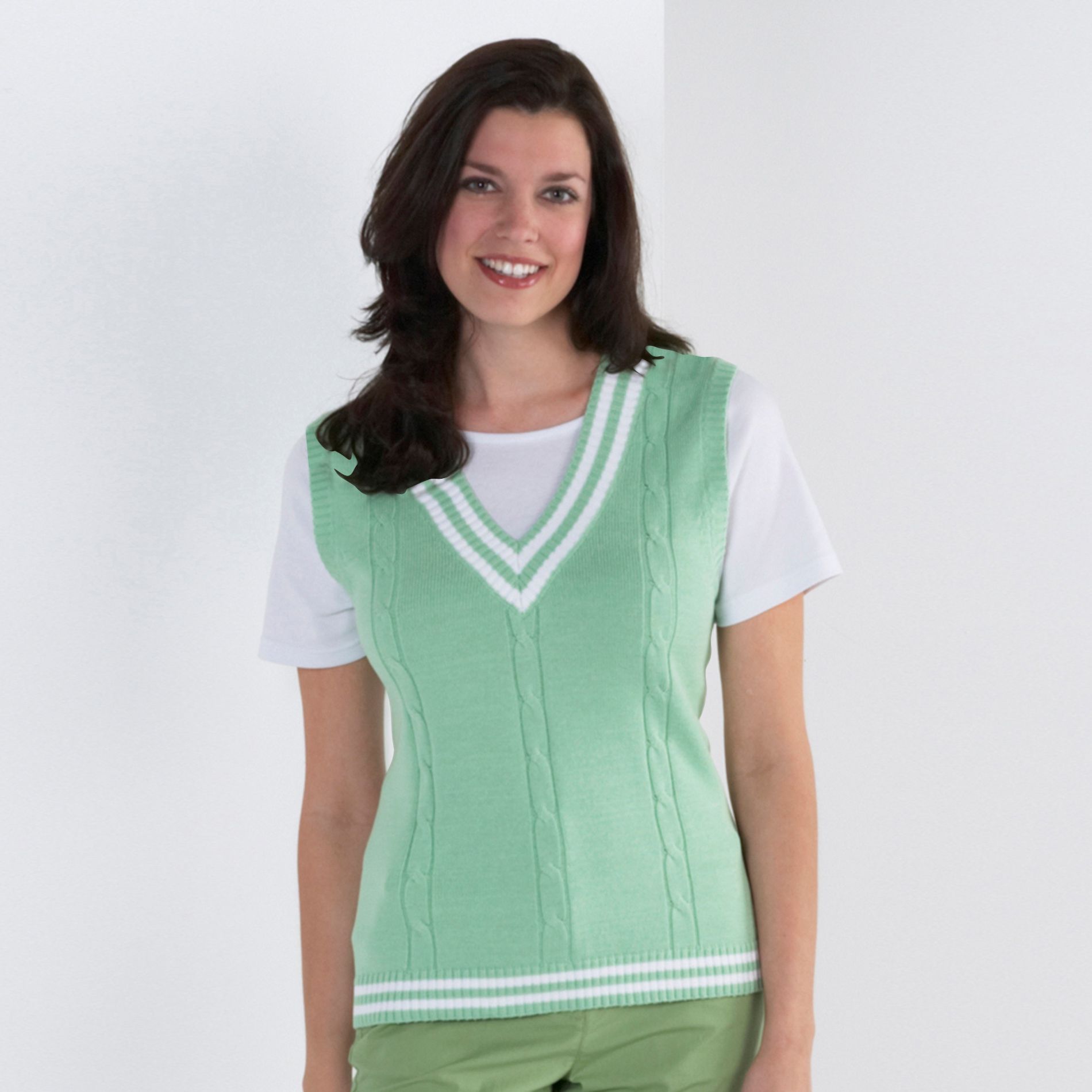 Classic Elements Women's Plus Short Sleeve Cotton V-Neck Layered Cable Vest