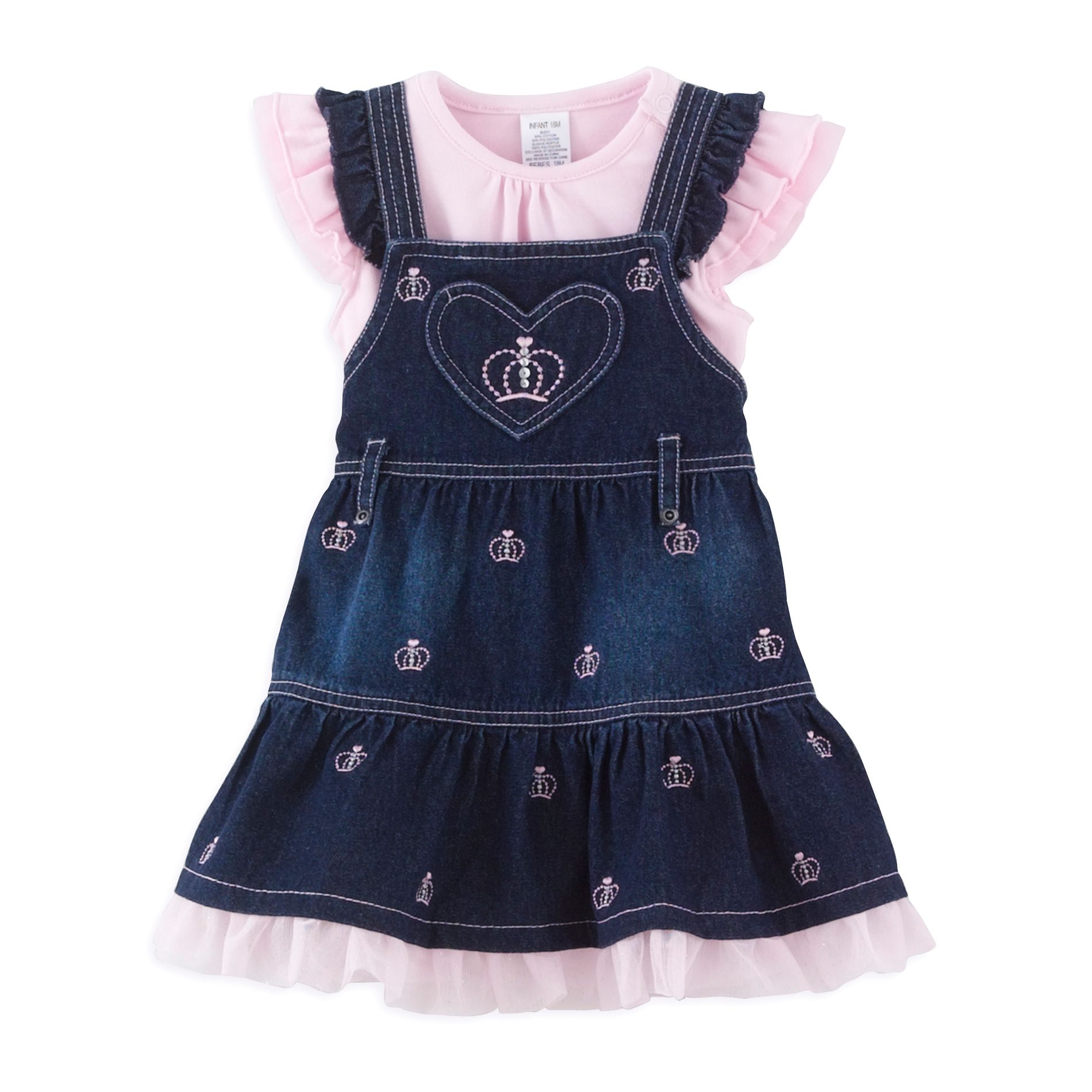 Youngland Newborn Short Sleeve Denim Jumper/Bodysuit Set, Crown Embroidery