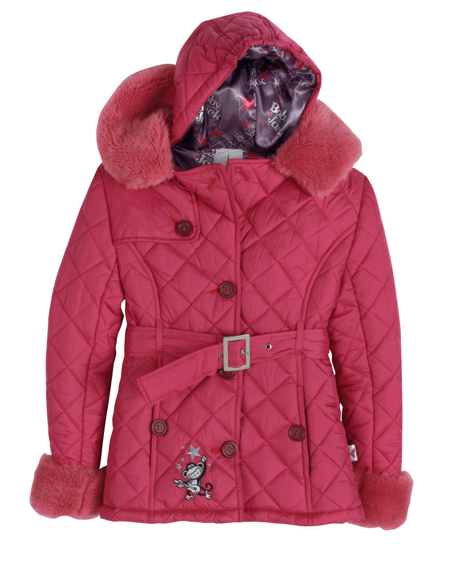 Bobby Jack Girl&#39;s 7-16 Faux Fur Trimmed Belted Jacket with Printed Back & Lining