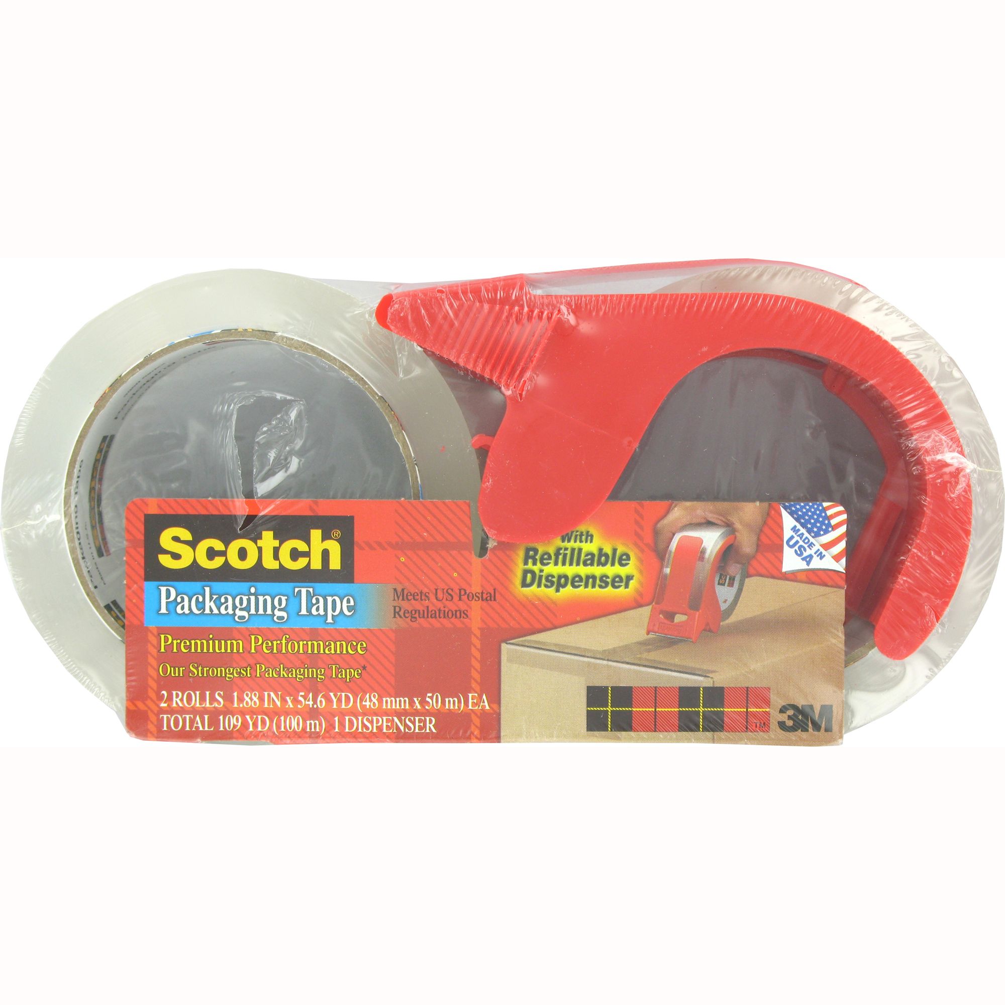 Scotch 3850-2-1RD Packaging Tape With Reuseable Dispenser 1.88 in x 54.6 yd 2 Rolls And 2 Dispenser