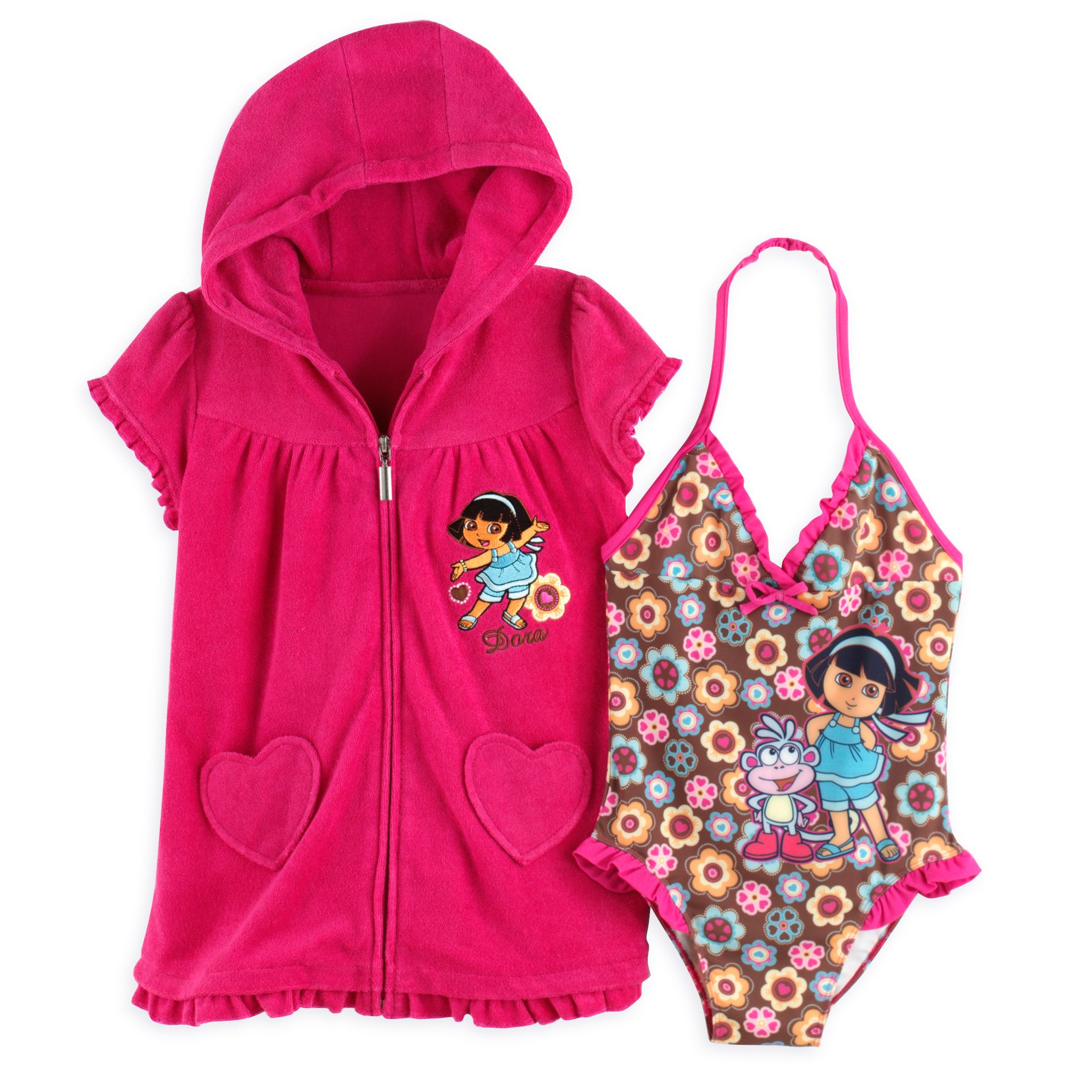 Dora The Explorer Girl&#39;s 4-6x Floral Print Swimsuit with Terry Cover Up