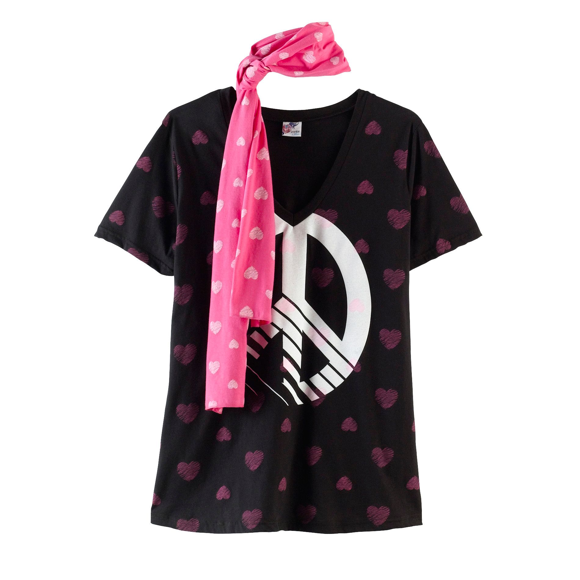 Piper & Blue Junior's Plus Peace Symbol Graphic Tee With Scarf