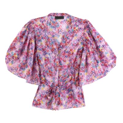 Attention Women&#39;s Smock Drape Sleeve Floral Belted Blouse