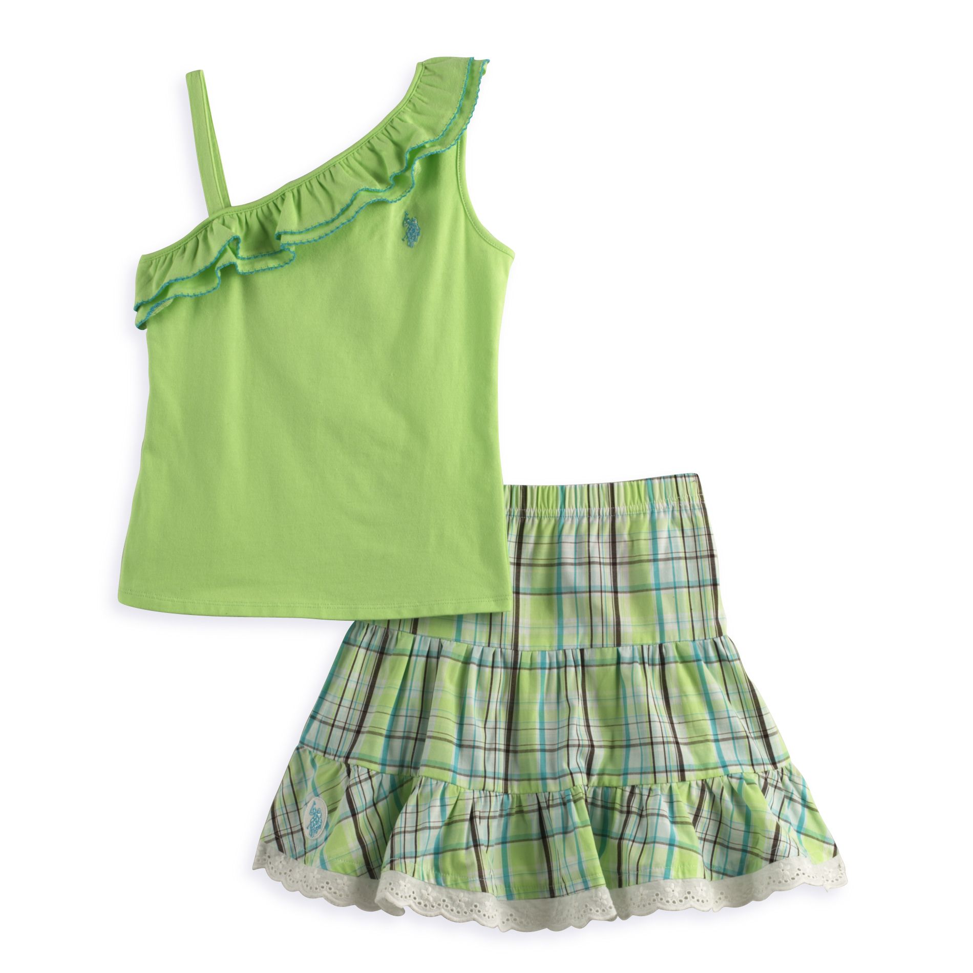 U.S. Polo Assn. Girl&#39;s 4-6x Off-the-Shoulder Ruffle Top with Plaid Skirt