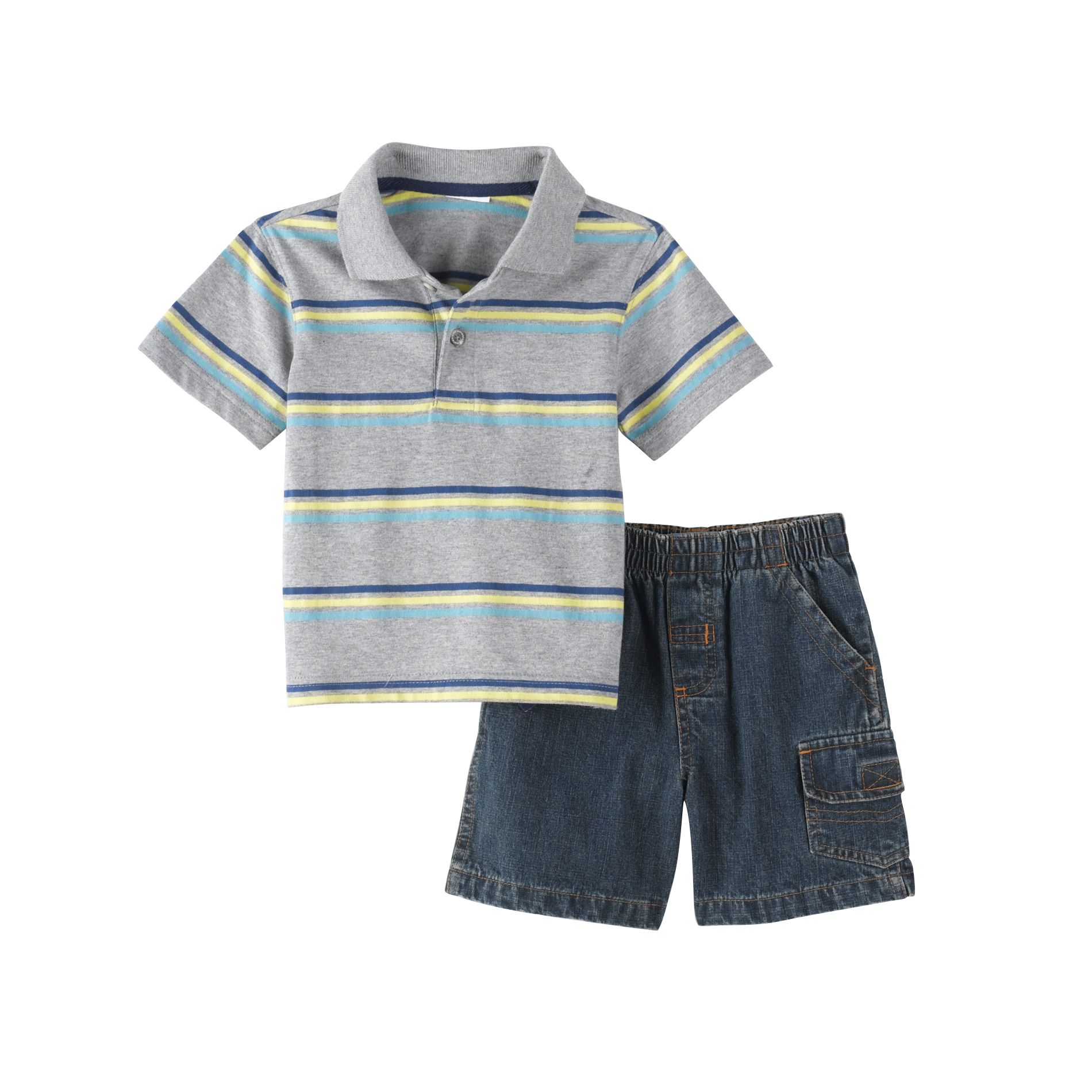 WonderKids Infant Boy&#39;s 2-Piece Stripe Polo Shirt & Denim Shorts Set