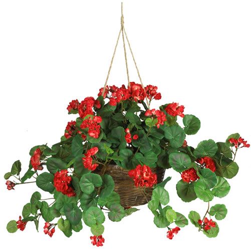 Nearly Natural Geranium Silk Hanging Basket - Red