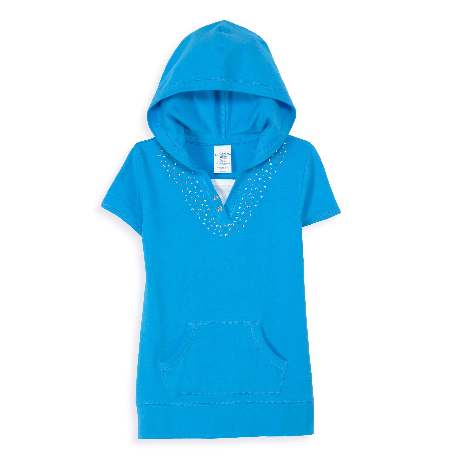 Canyon River Blues Girl&#39;s Plus Short Sleeve Hooded Top with Inset & Rhinestones At Neck