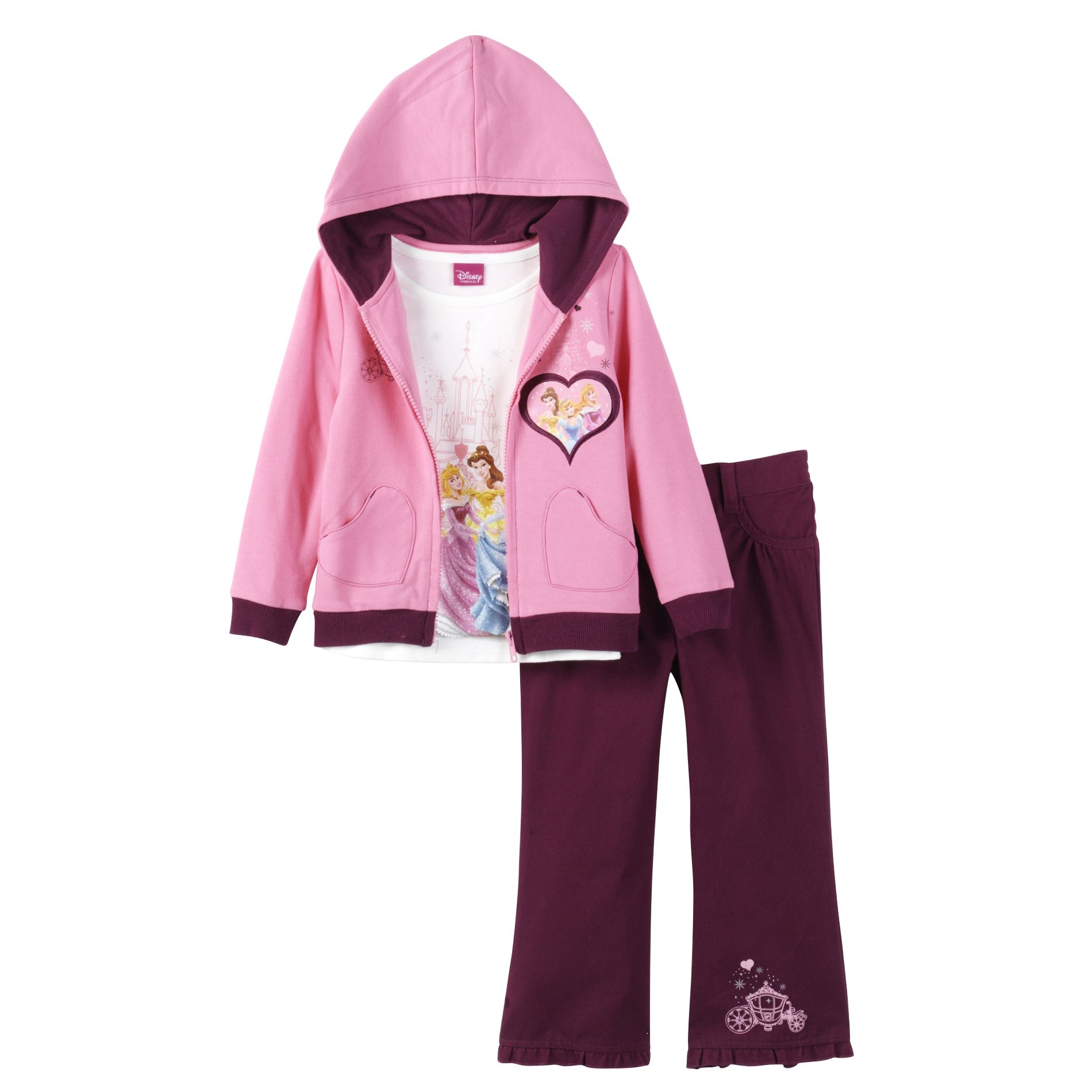 Disney Toddler Girl&#39;s 3 Piece Long Sleeve Princess Embroidered Jacket And T-Shirt