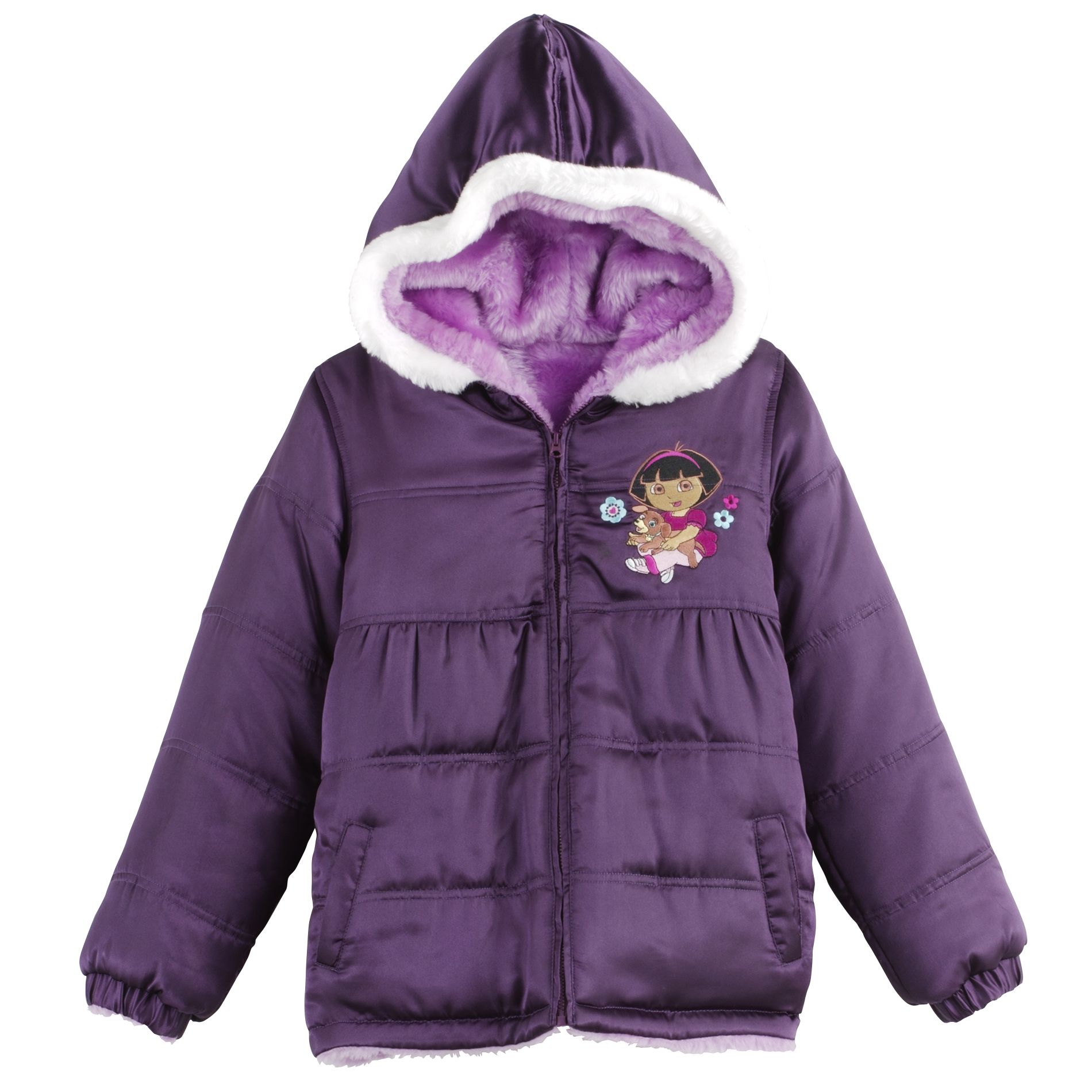 Nickelodeon Girl&#39;s Dora Fur Trim Hooded Reversible Coat