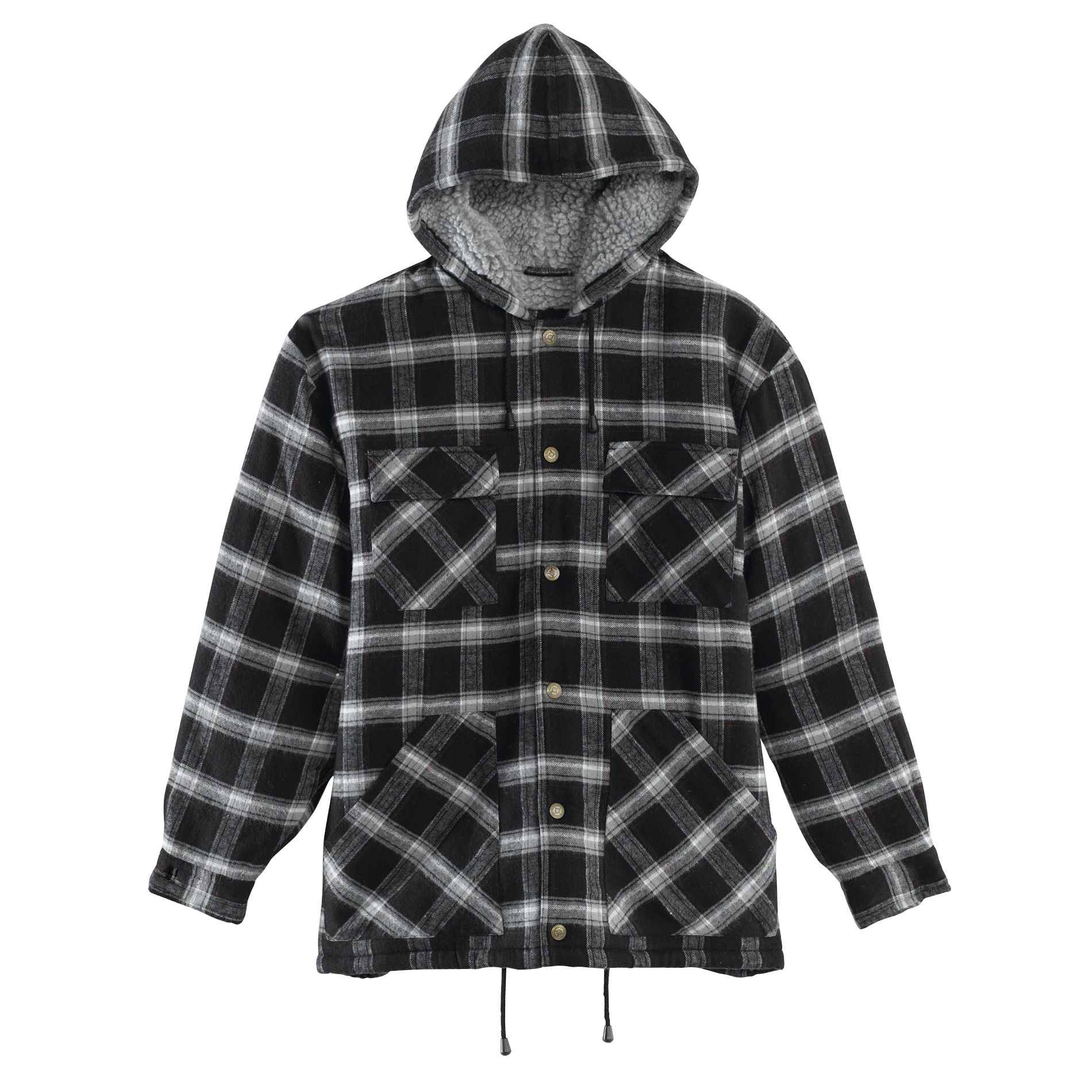 Basic Editions Men&#39;s Big & Tall Plaid Press Button Front Sherpa Lined Hooded Jacket