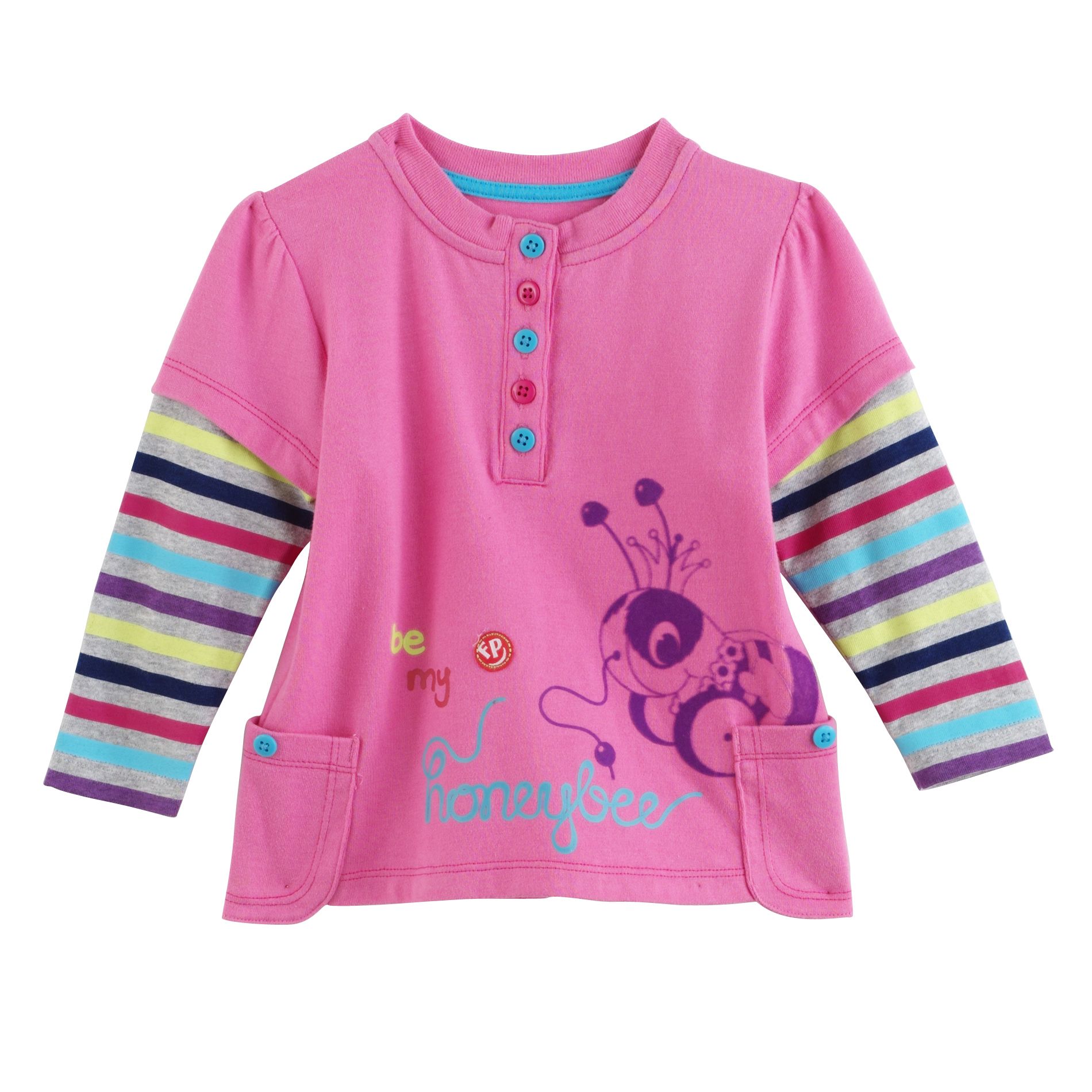 Fisher-Price Infant Girl&#39;s Double Pocket Stripe Sleeve Bug Shirt