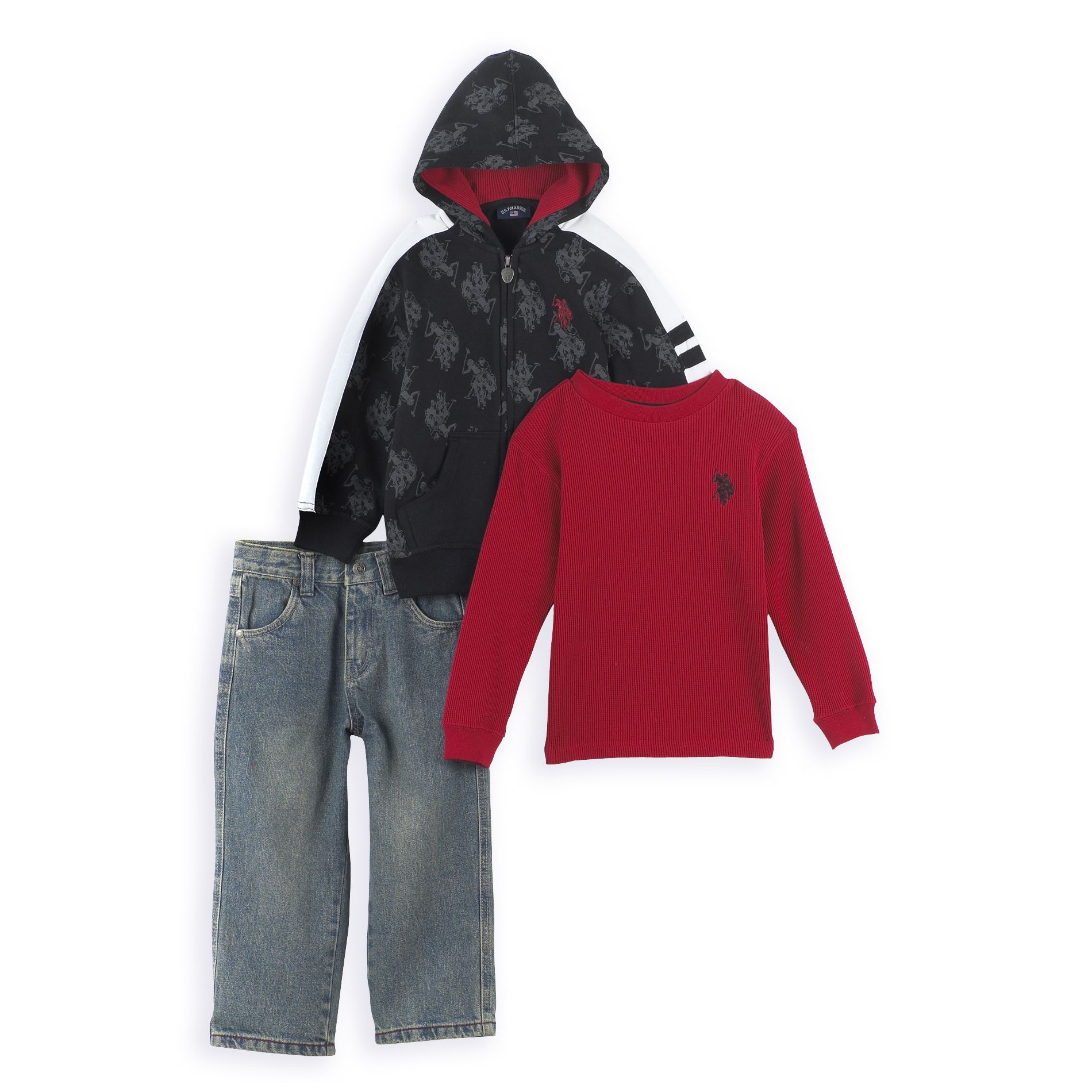 U.S. Polo Assn. Toddler Boy&#39;s 3-Piece Horse Print Hoodie, Thermal & Jeans Set