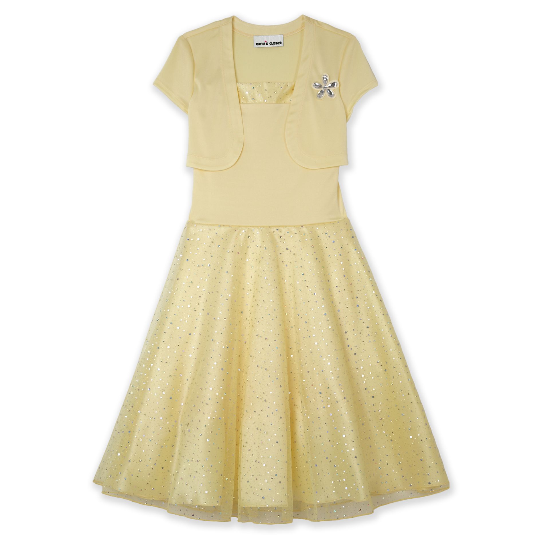 Amy's Closet Girl&#39;s 7-16 Short Sleeve Silky Knit Bolero Dress with Glitter Skirt