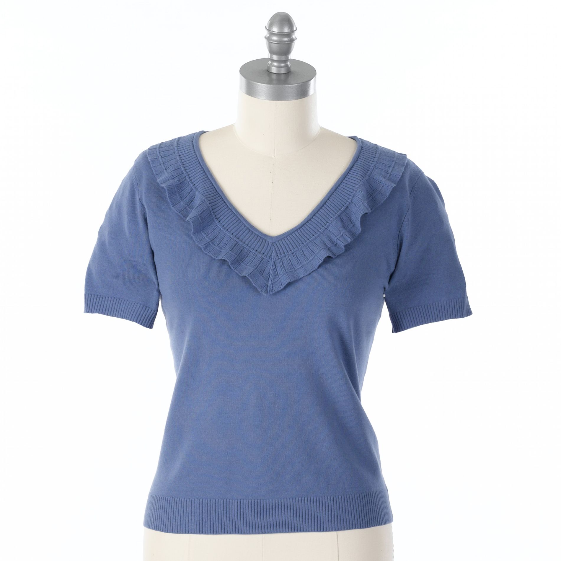 Jaclyn Smith Women's Short Sleeve Solid V&#45;Neck Ruffle Sweater