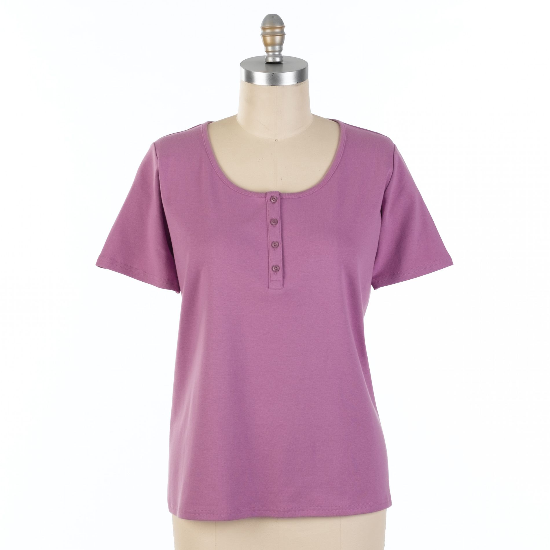 Basic Editions Women's Plus Button Front Solid Henley