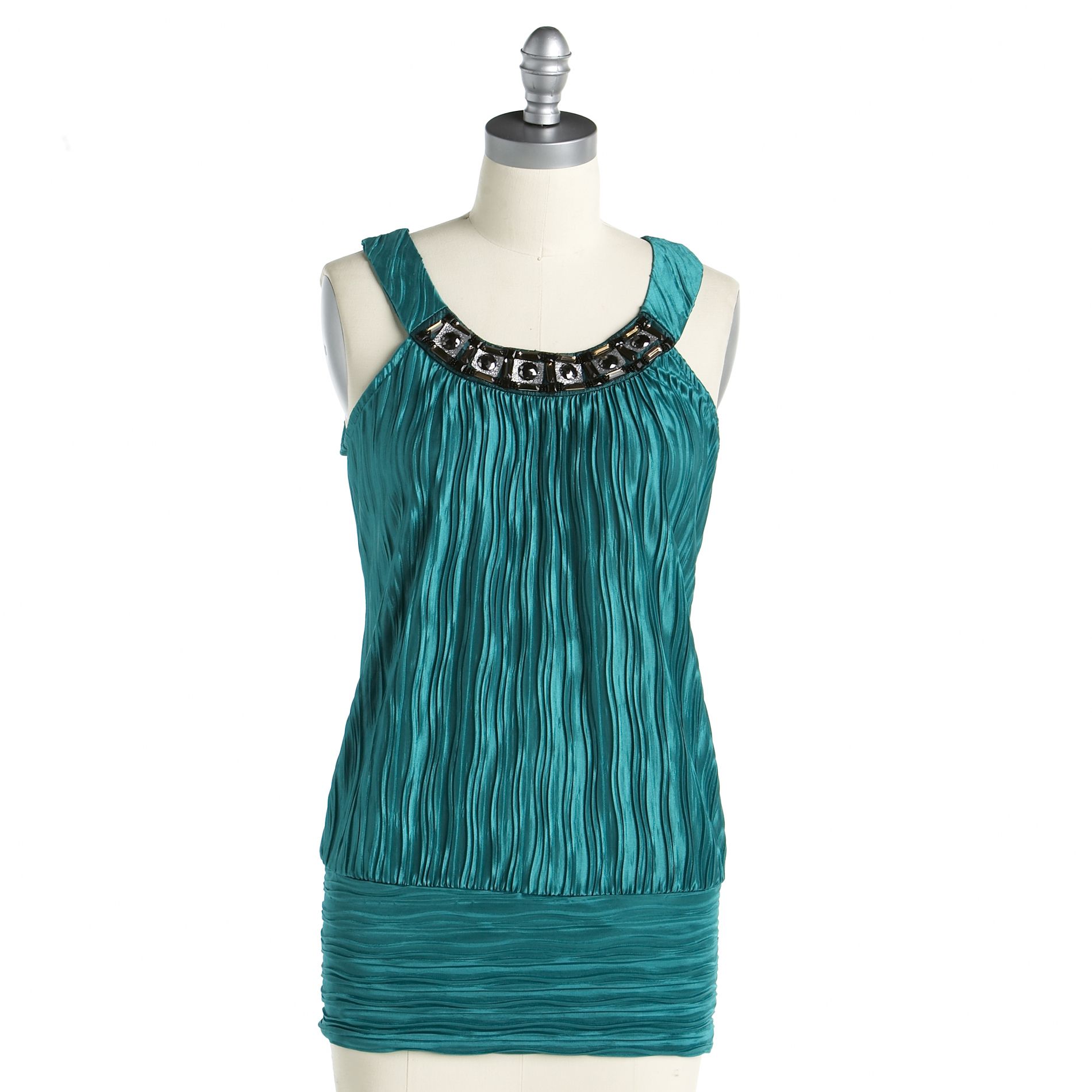 Beaded Neck Banded Crinkle Knit Top