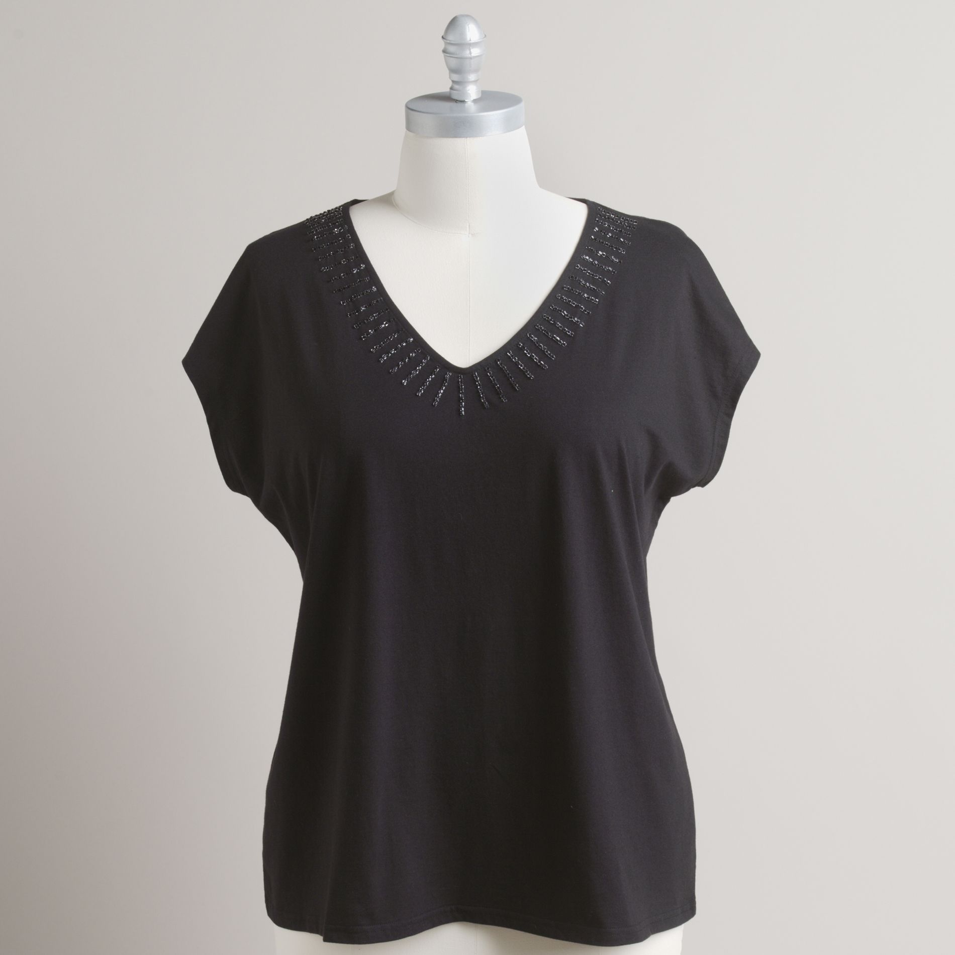 Basic Editions Women&#39;s Plus V&#45;Neck With Beading Top