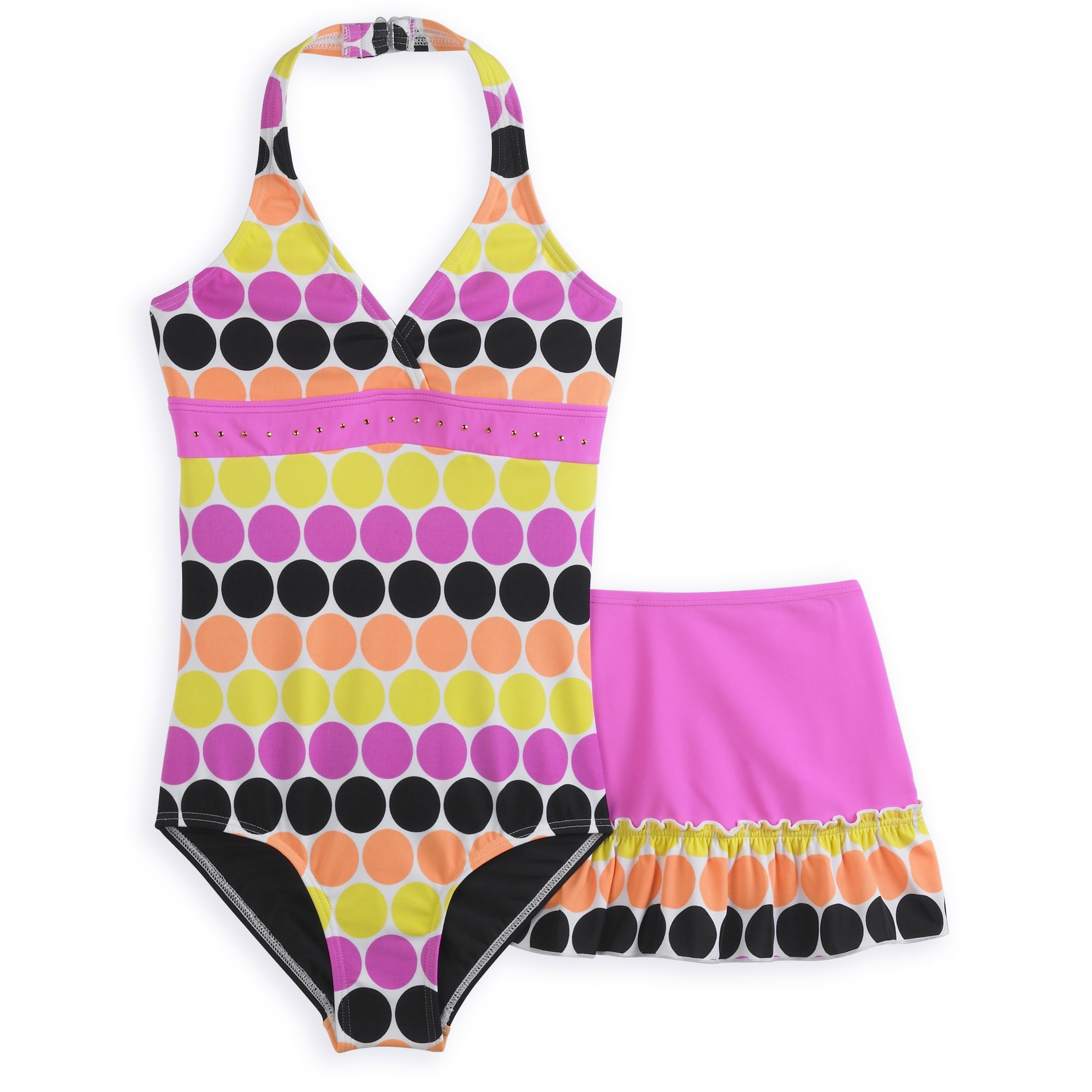 Malibu Dream Girl Girl&#39;s Plus Seeing Dots Halter Swimsuit with Ruffle Skirt