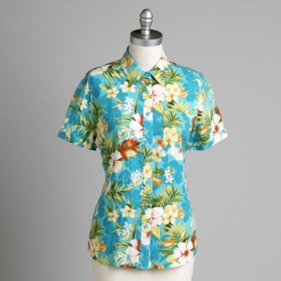Basic Editions Women's Short Sleeve Button Front Rayon Printed Shirt