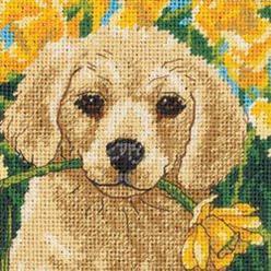 DIMENSIONS Needlepoint Kit, Adorable Puppy in Garden Needlepoint, 5'' W x 5'' H
