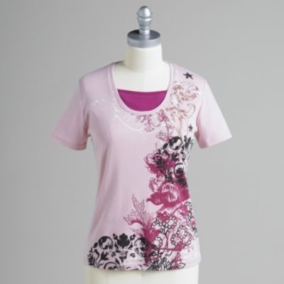 Basic Editions Women's Floral Print Scoop Neck Tee