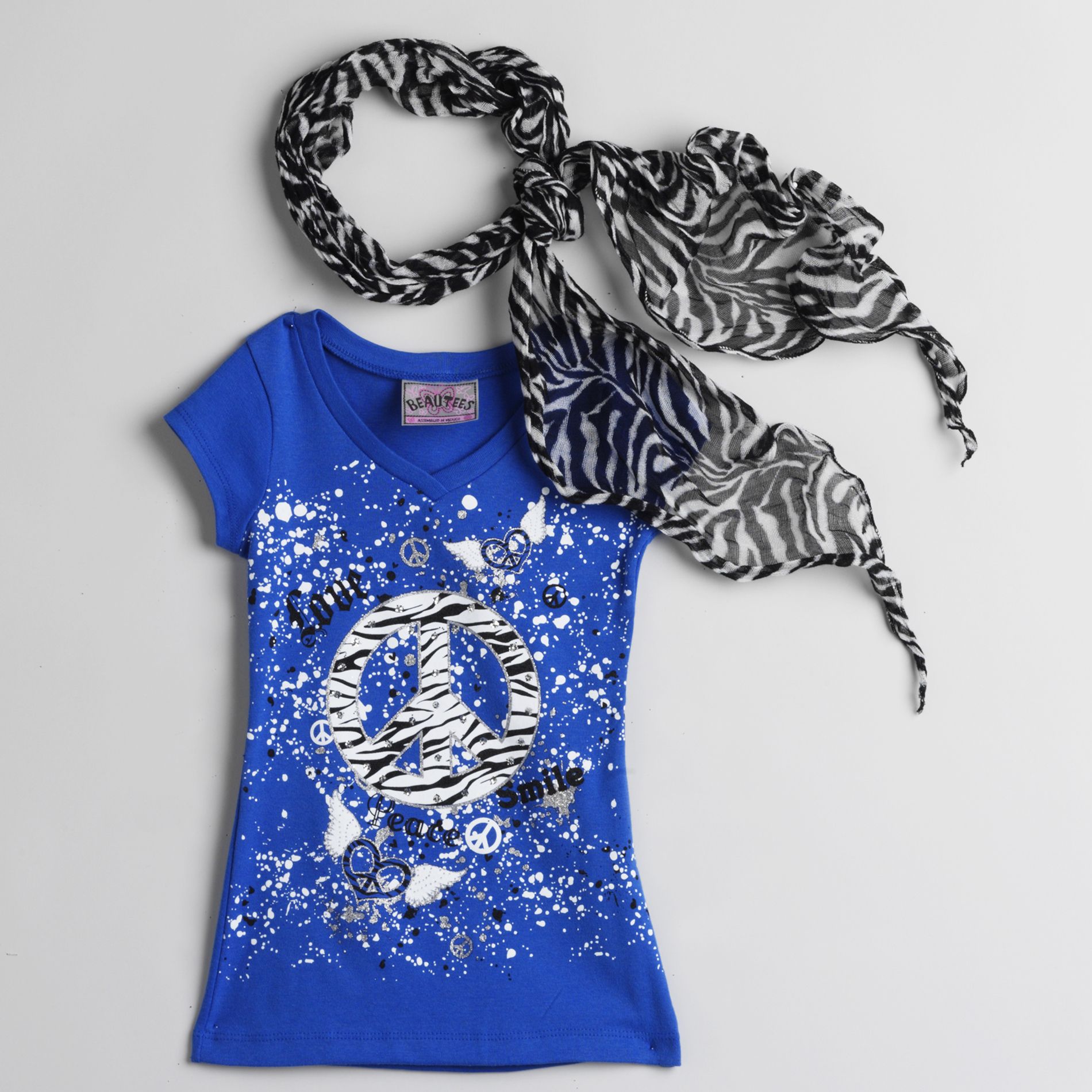 Knitworks Girl&#39;s 4-6X Short Sleeve Peace Tee with Zebra Print Scarf