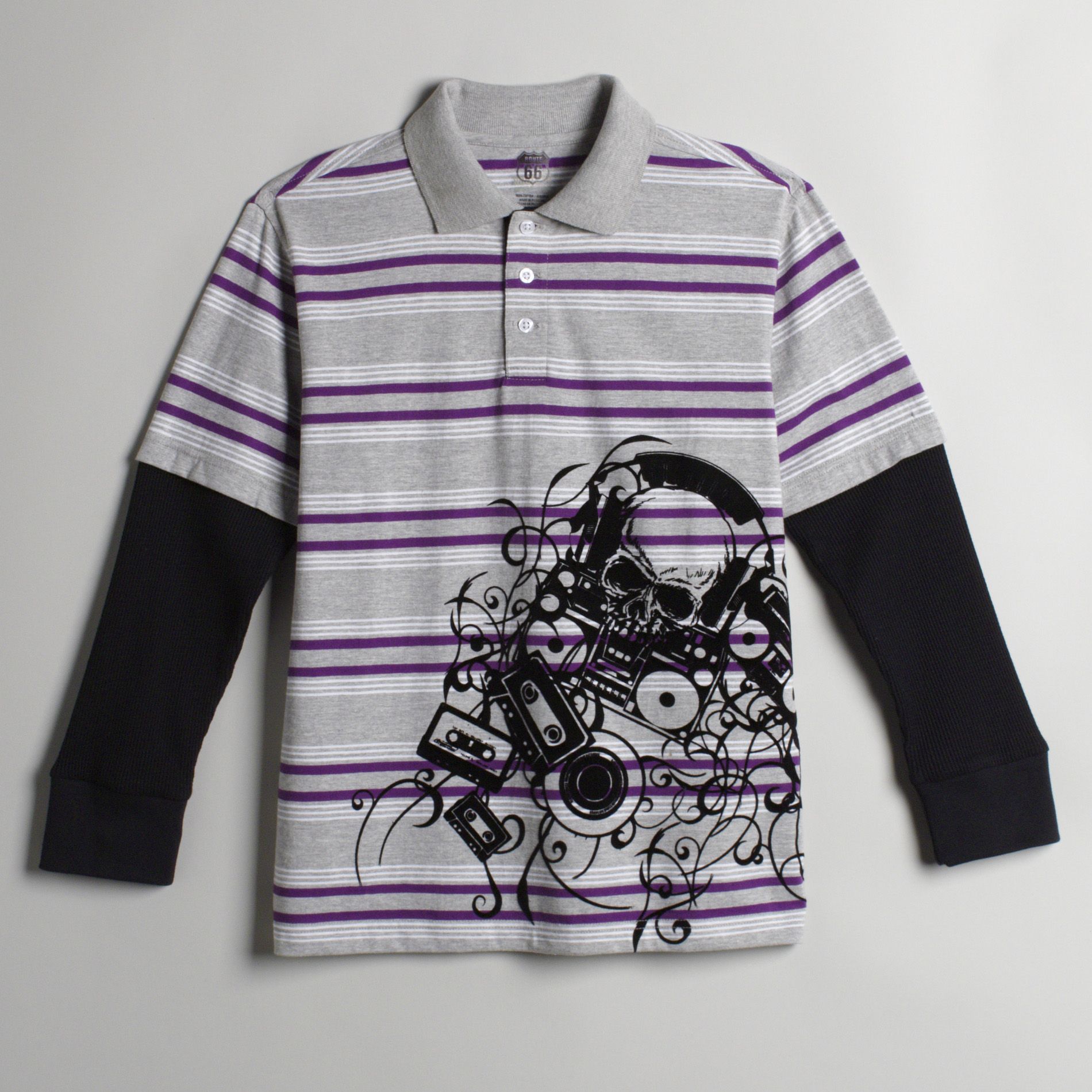 Route 66 Boy's Husky Skull Music Striped Thermal Polo