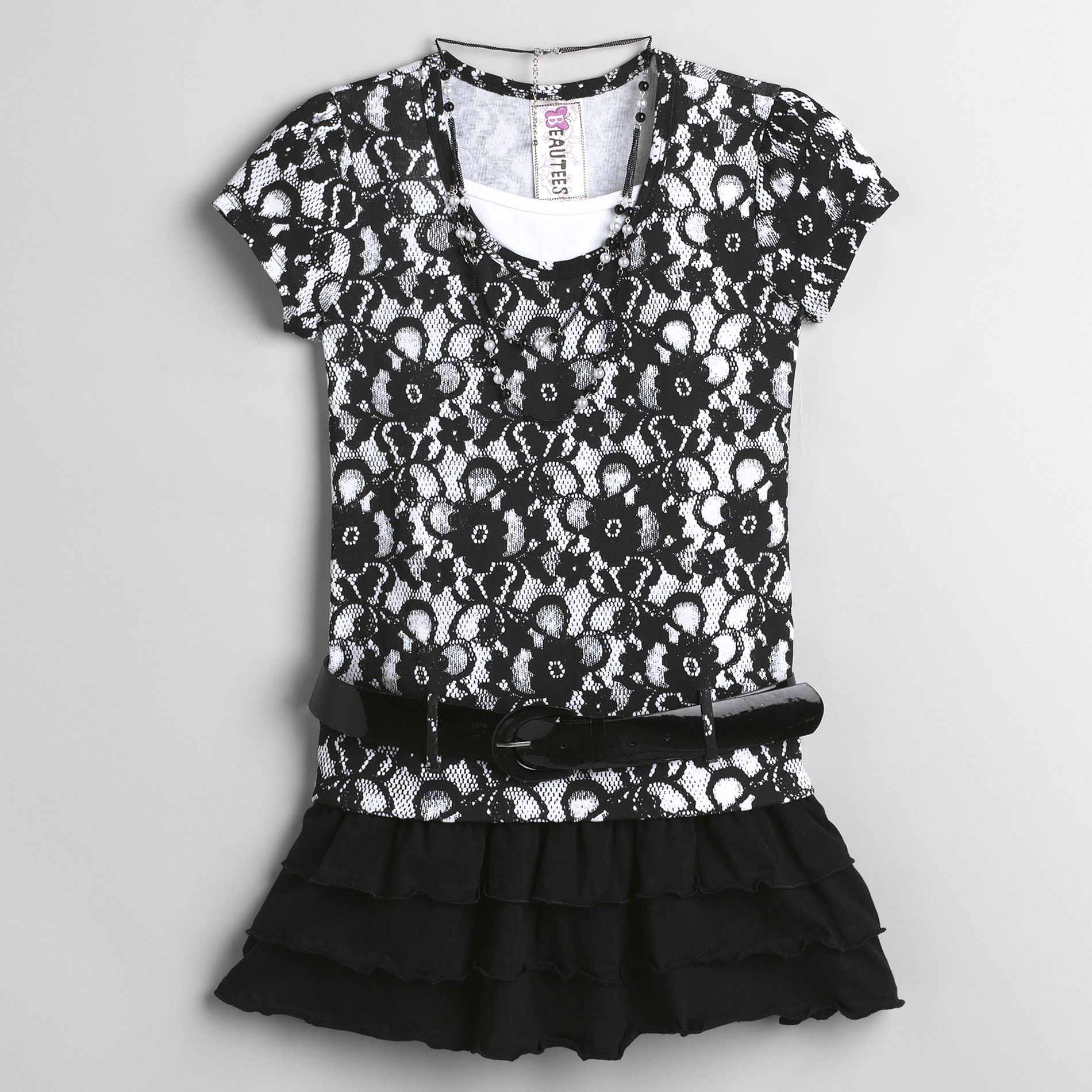 Beautees Girl&#39;s 7-16 Short Sleeve Belted Lace Tier Top with Necklace