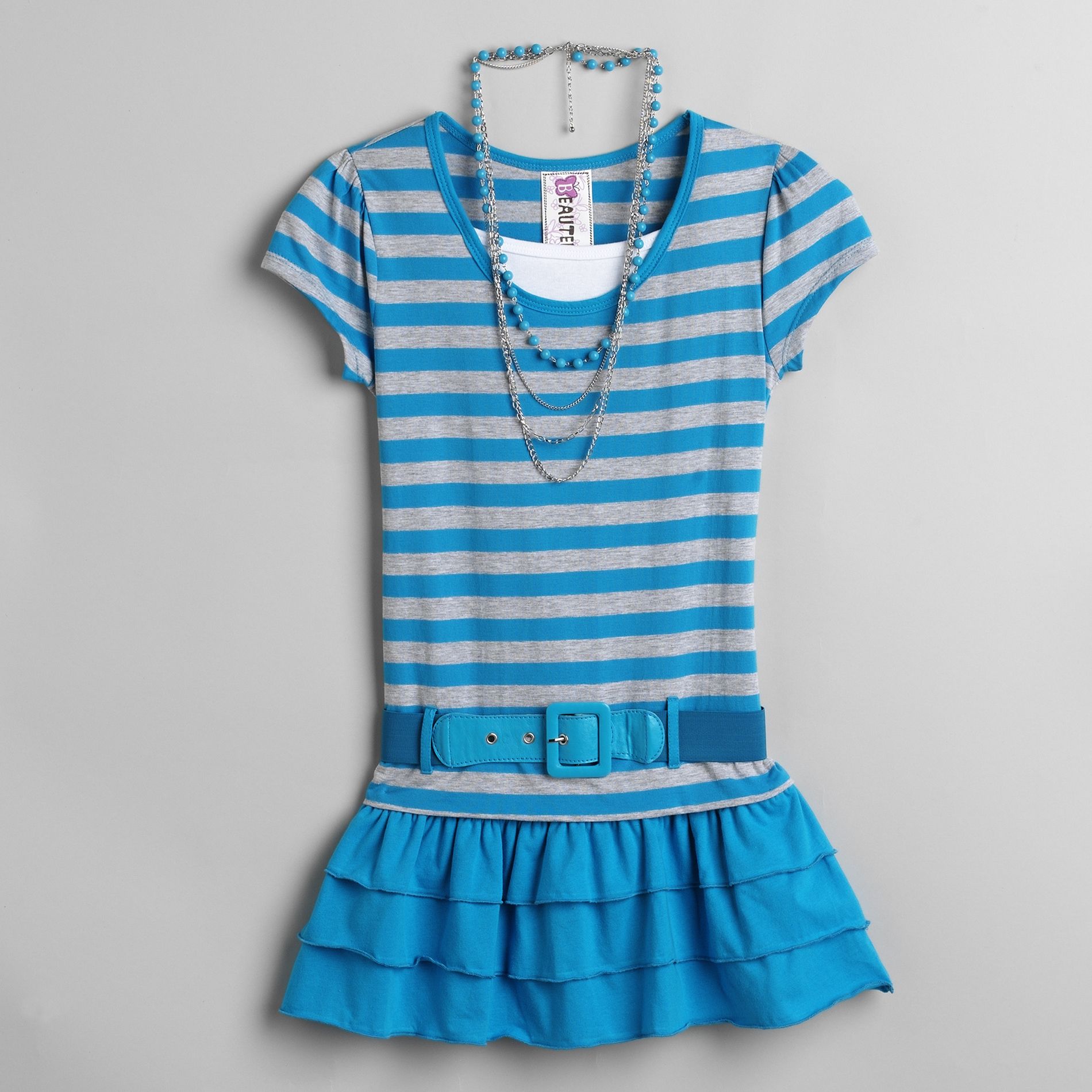 Beautees Girl&#39;s Plus Short Sleeve Belted Striped Tunic Top with Necklace