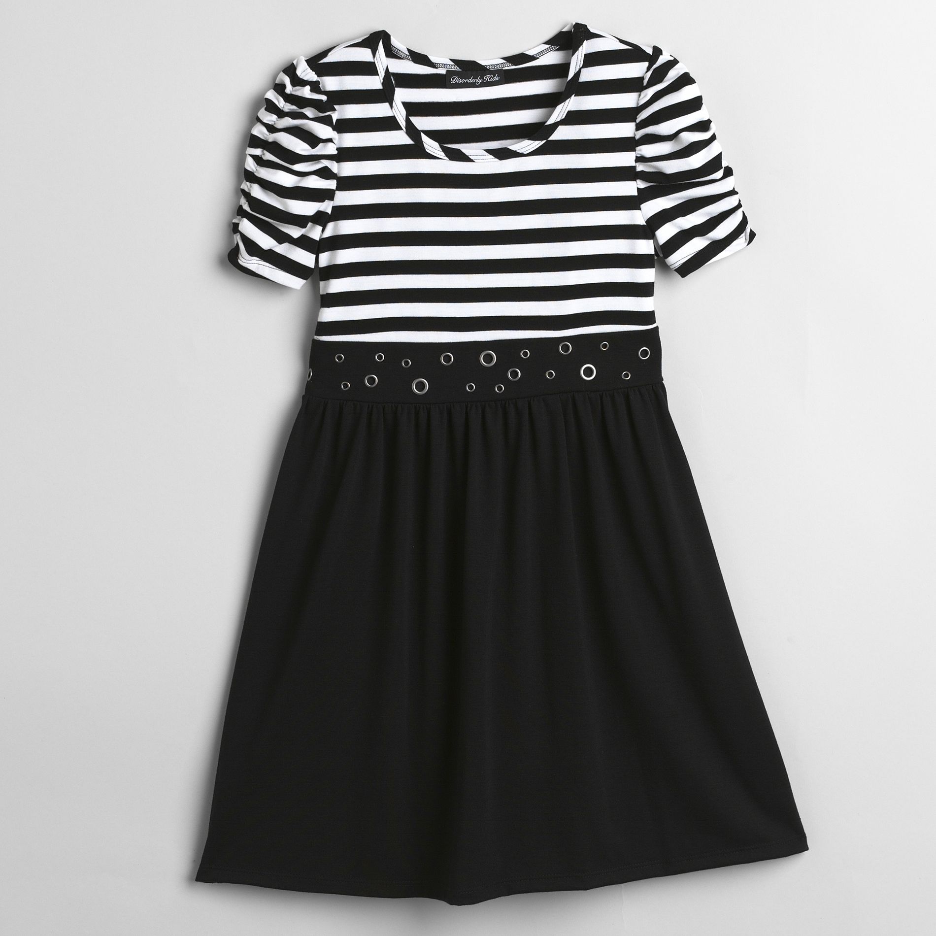 Disorderly Kids Girl&#39;s 7-16 Short Sleeve Striped Dress with Grommets At Neckline