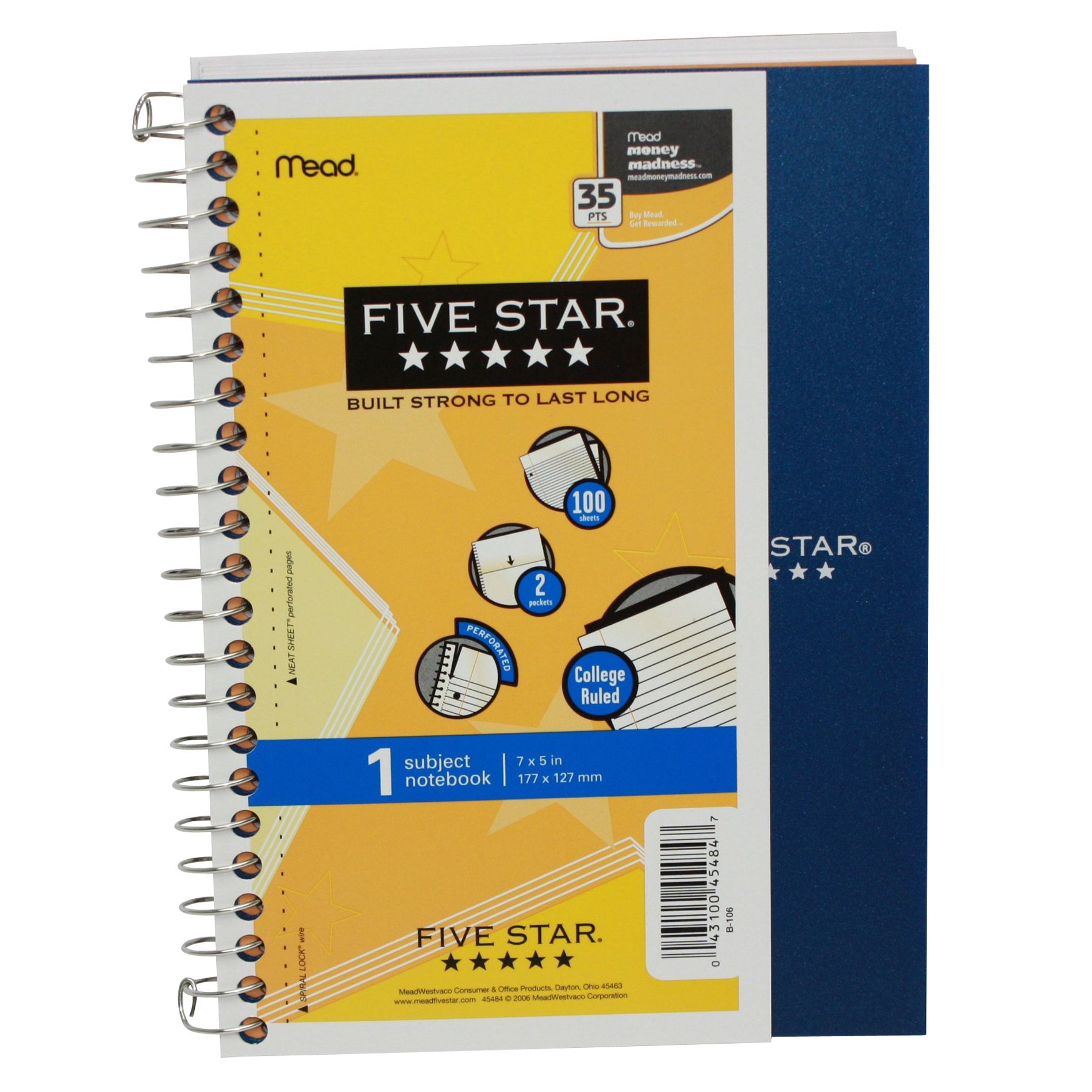 Mead 34652811a Personal Notebook, College Ruled, 100 Sheets, 1 notebook - 7 x 5 in, Assorted Colors