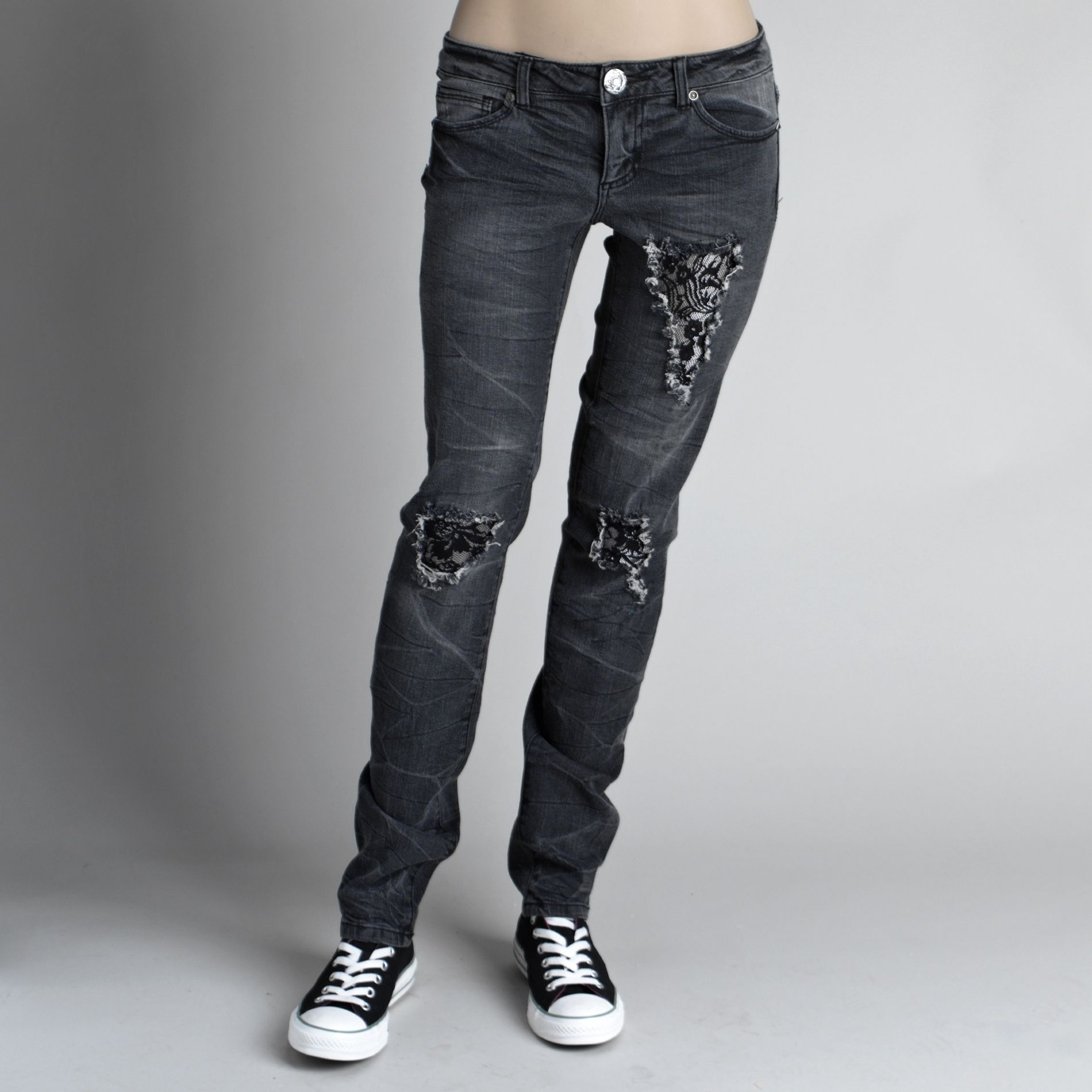 C-Pink Junior&#39;s Ripped Lace Skinny Jean