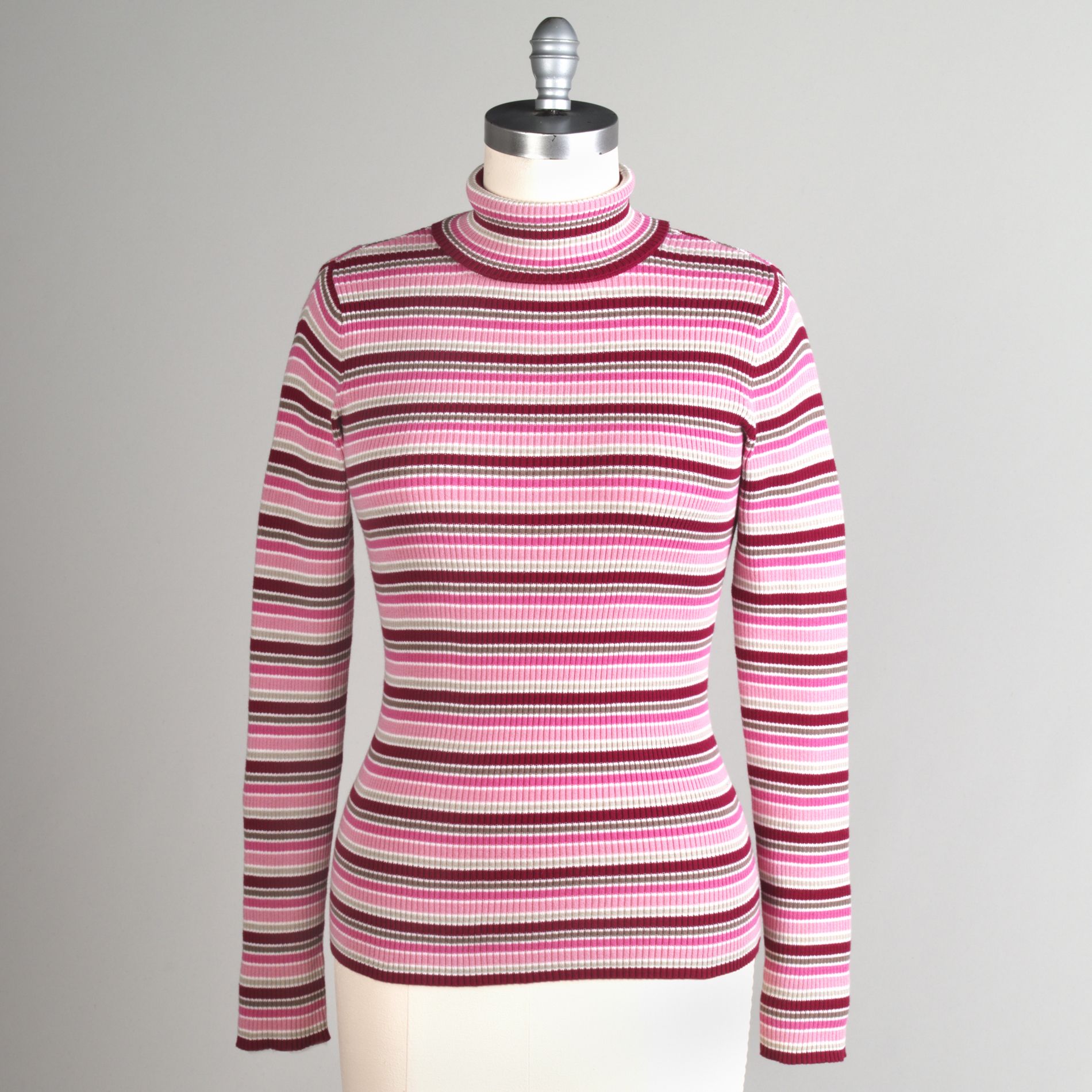 Basic Editions Women&#39;s Long Sleeve 100&#37; Cotton Rib Turtle Neck Stripe Sweater