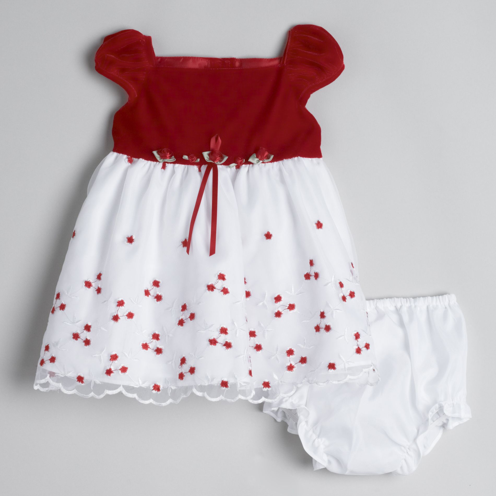 Muneca Infant Girl&#39;s Velvet Top Dress with Embroidered Flower Bottom & Panty