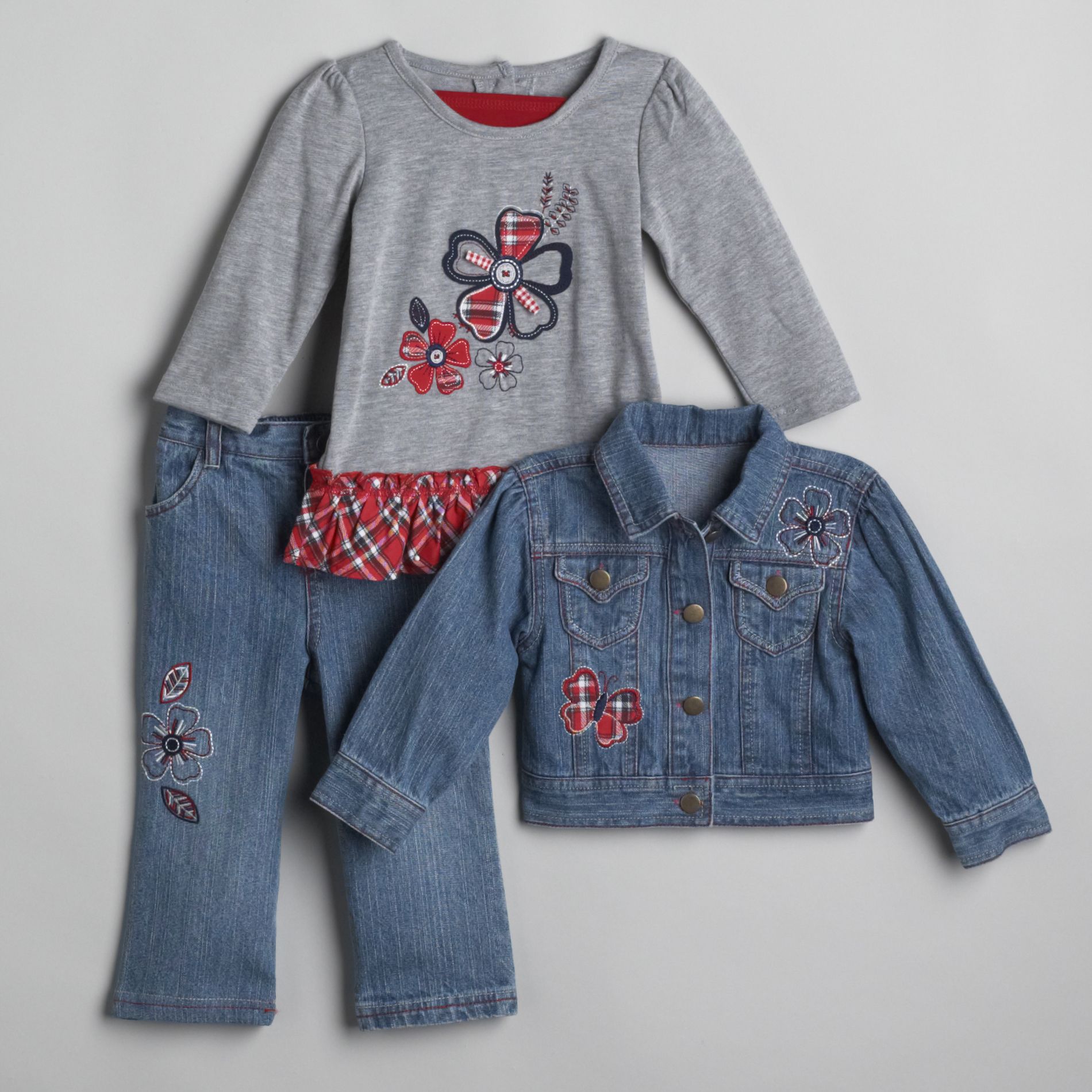 Kids Play Toddler Girl&#39;s Denim Jacket Set with Plaid Tunic