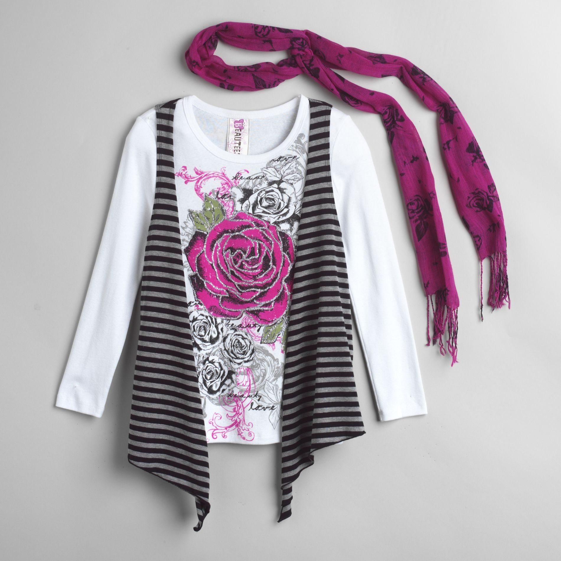 Beautees Girl&#39;s 7&#45;16  Long Sleeve Tee With Striped Vest & Scarf