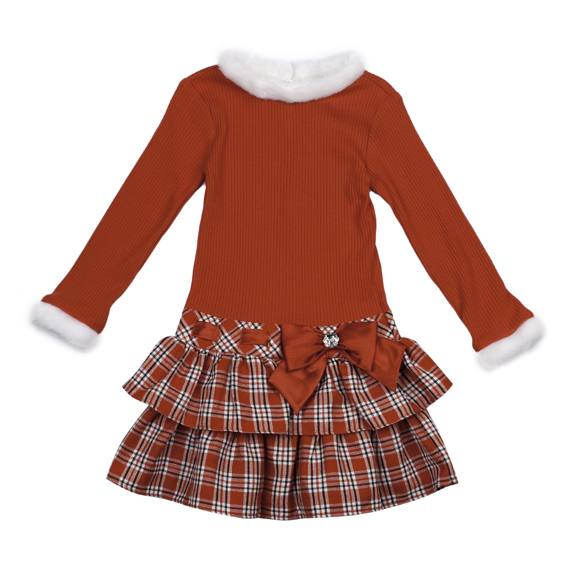 Youngland Girl&#39;s 4-6x Long Sleeve Plaid Dress with Faux Fur Trim