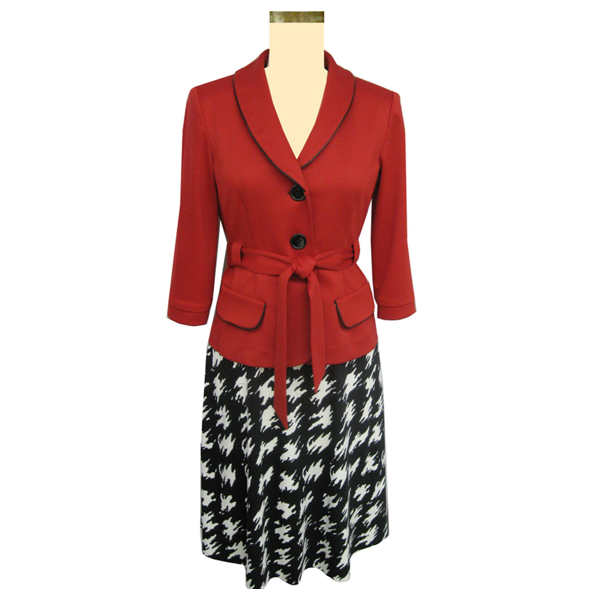 Studio 1 Women&#39;s Red Belted Jacket with Herringbone Skirt Set