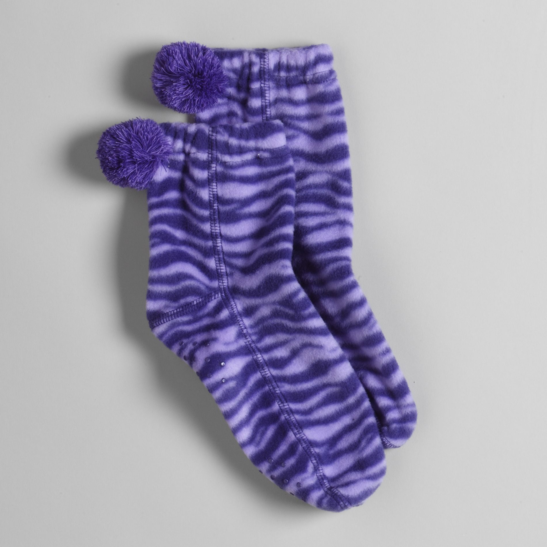 Joe Boxer Girl's Zebra Fleece Slipper Socks with Pom Poms