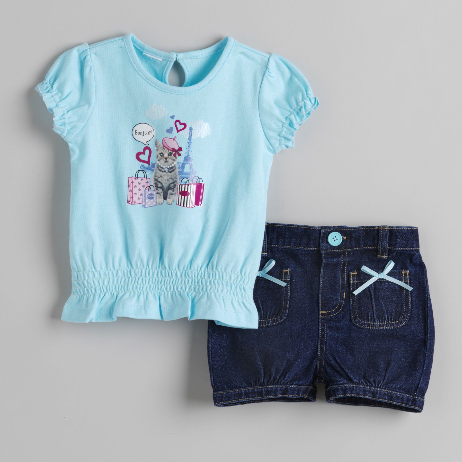 WonderKids Girl's Peasant Tee and Denim Shorts Outfit