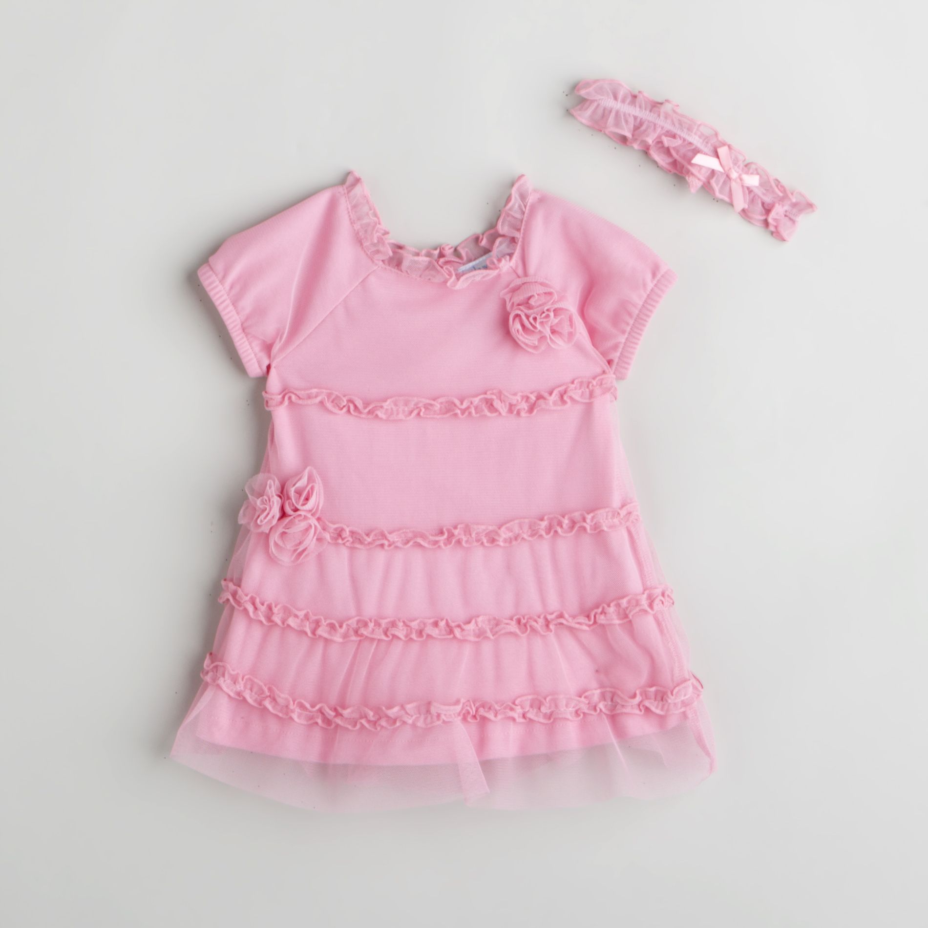 Little Wonders Newborn Girl&#39;s Mesh Overlay Dress with Rosettes And Headband