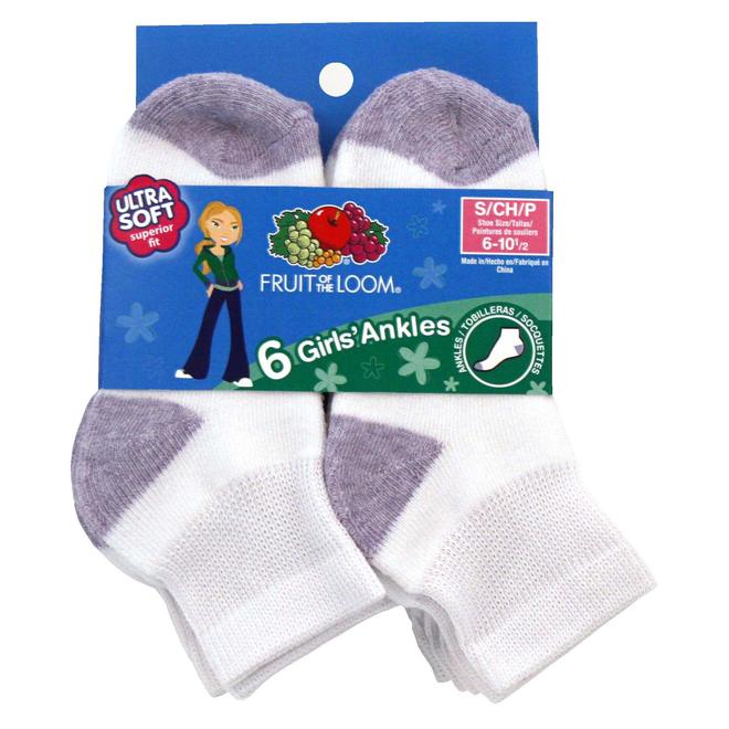 Fruit of the Loom Girl's 6 Pack Ankle Socks