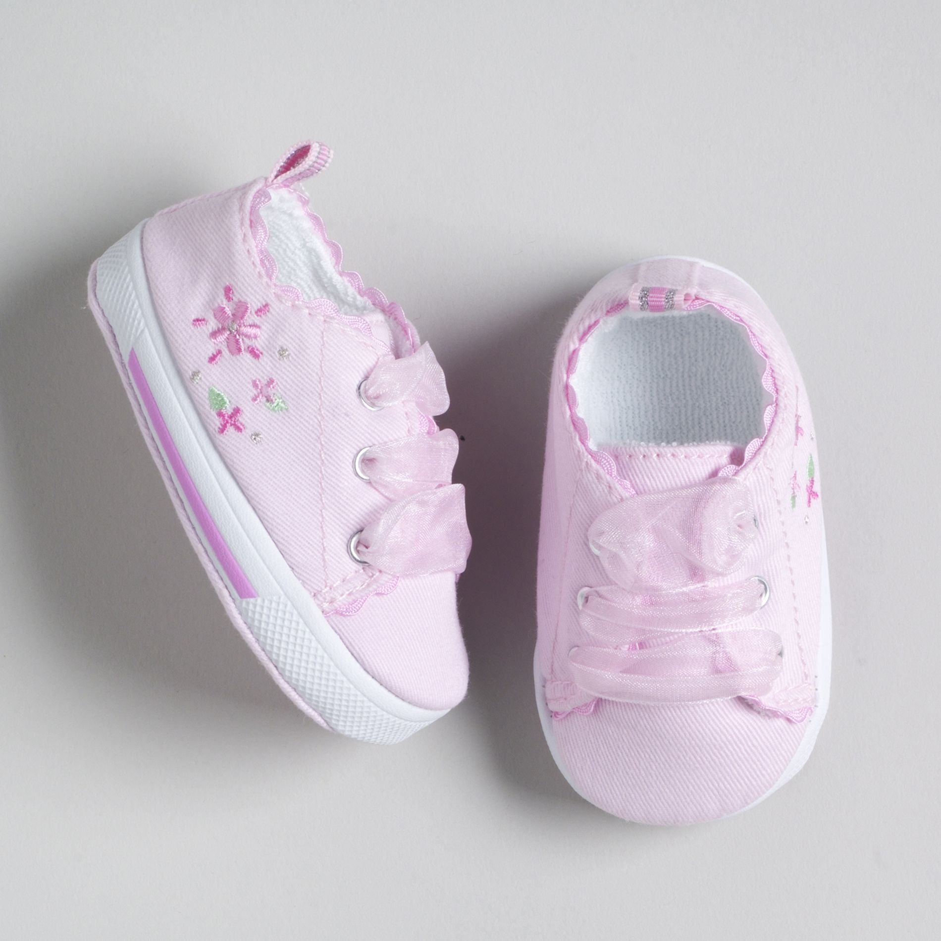 Little Wonders Newborn Girl&#39;s Embroidered Twill Soft Sole Lace-up Shoes