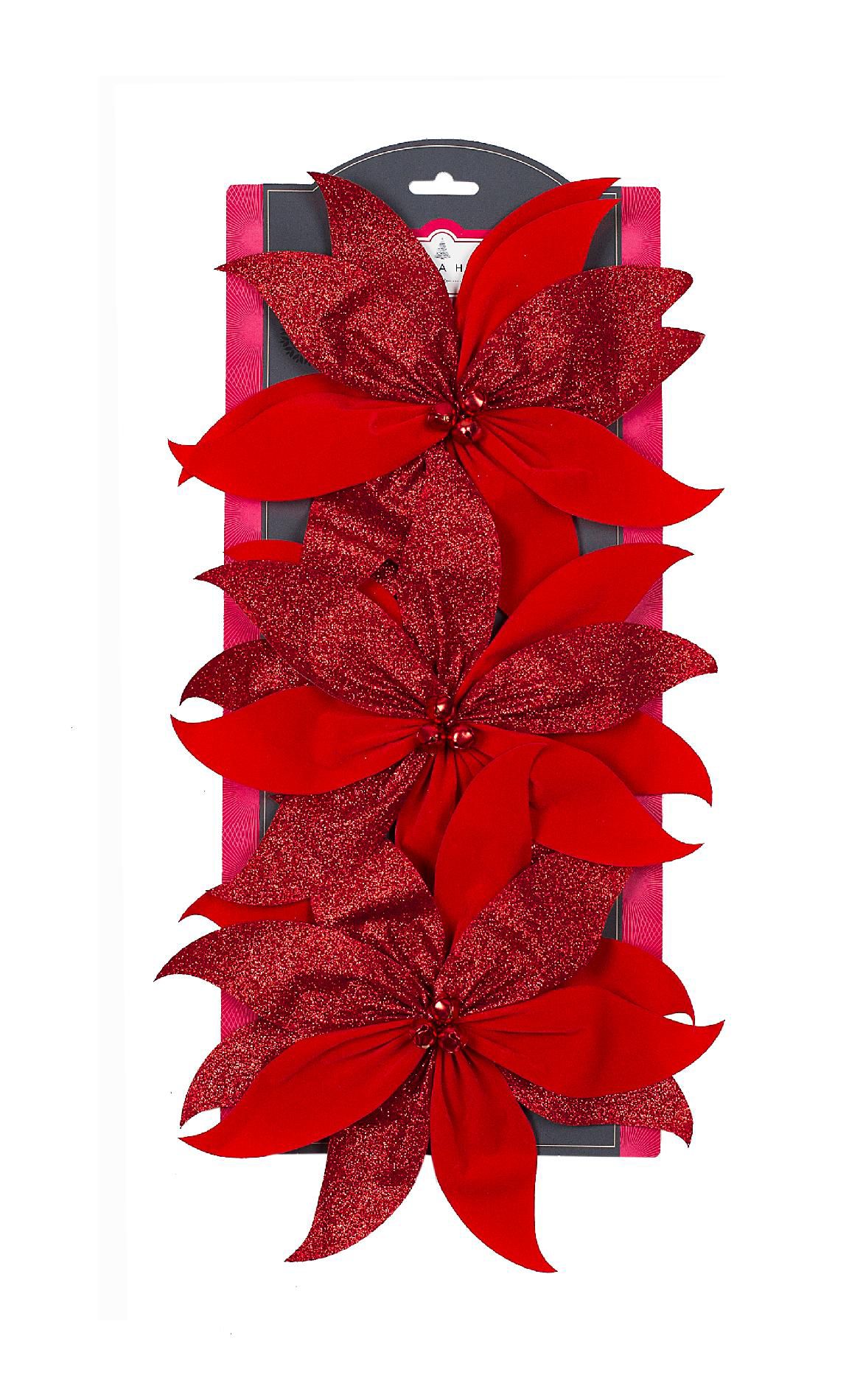Trim A Home&reg; 3 Poinsettias with Alternating Velvet and Glitter Petals Christmas Decoration