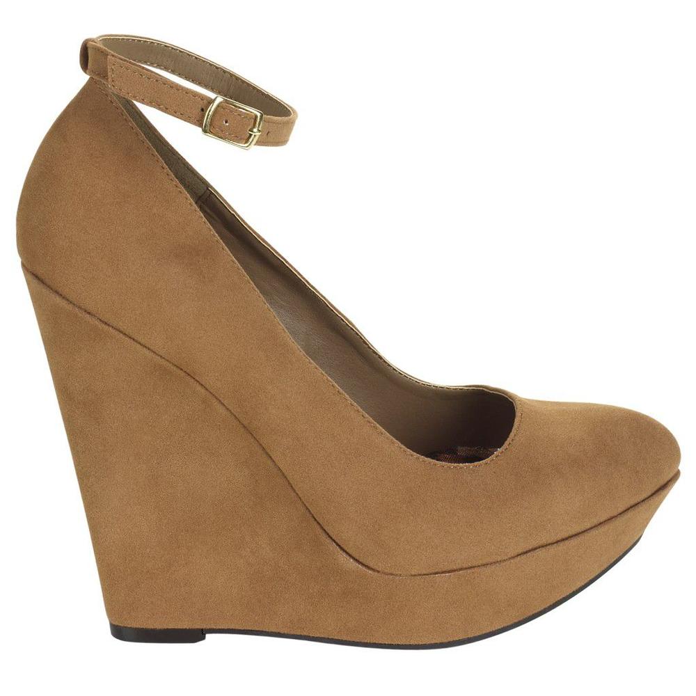 Qupid Women's Parnella Velvet Wedge with Ankle Strap - Taupe