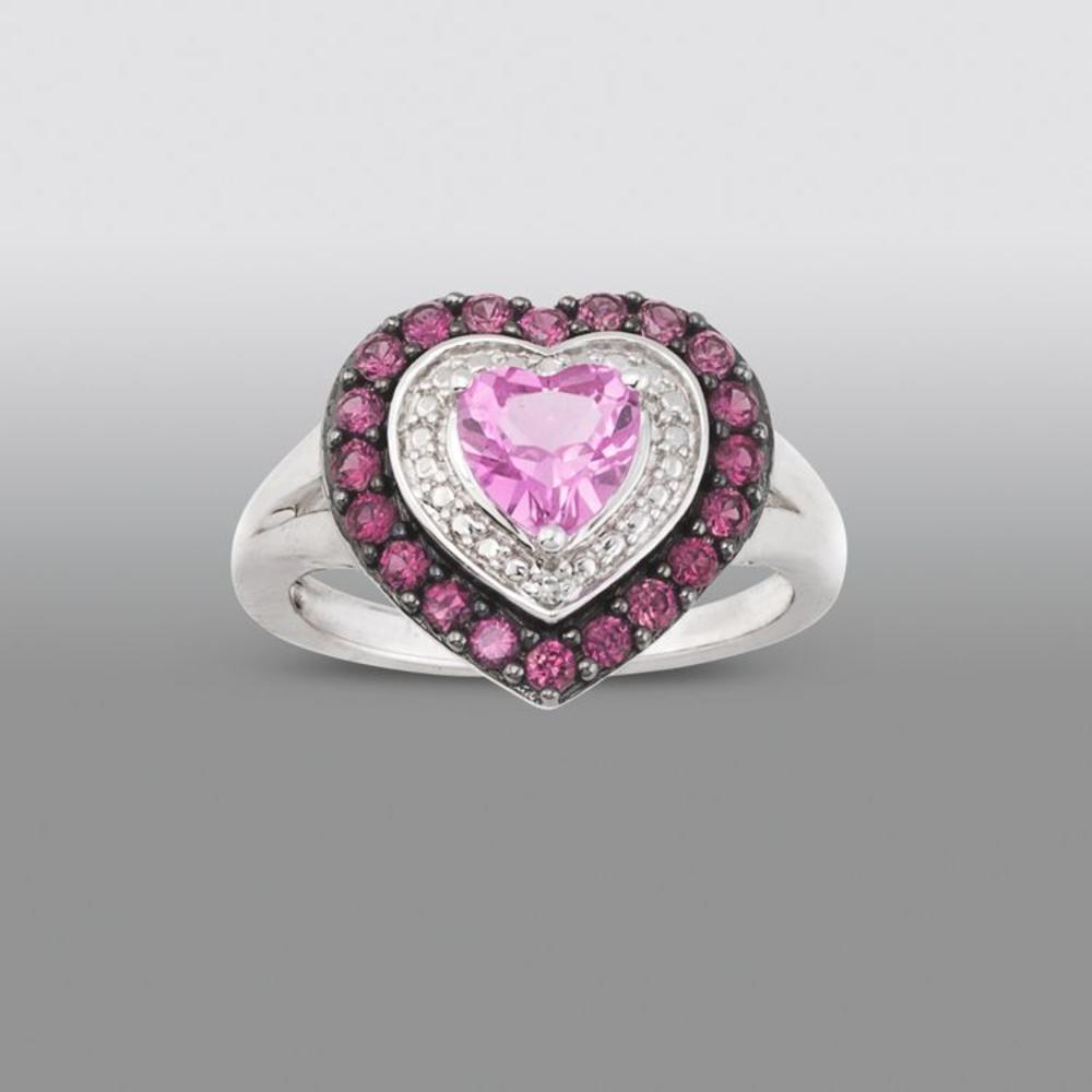 Pretty in Pave&#153; Ladies Sterling Silver, Lab-Created Pink Sapphire and Ruby and Diamond Accent Heart Ring