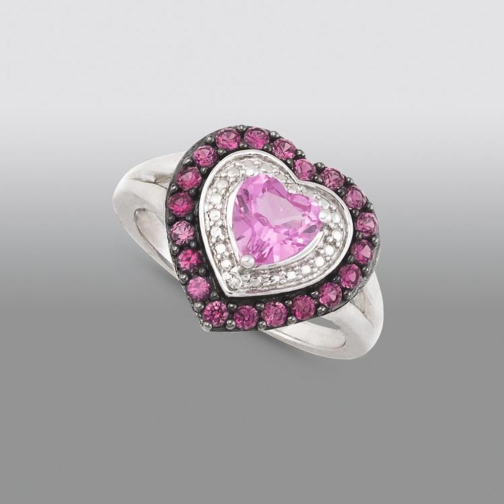 Pretty in Pave&#153; Ladies Sterling Silver, Lab-Created Pink Sapphire and Ruby and Diamond Accent Heart Ring