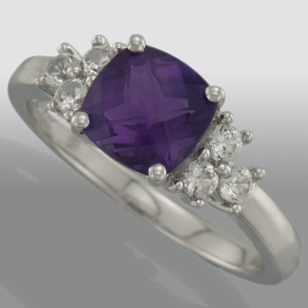 Ladies Sterling Silver, Lab-Created Cushion Amethyst and White Sapphire Ring