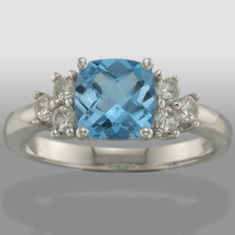 Ladies Sterling Silver, Lab-Created Cushion Blue Topaz and White Topaz Ring